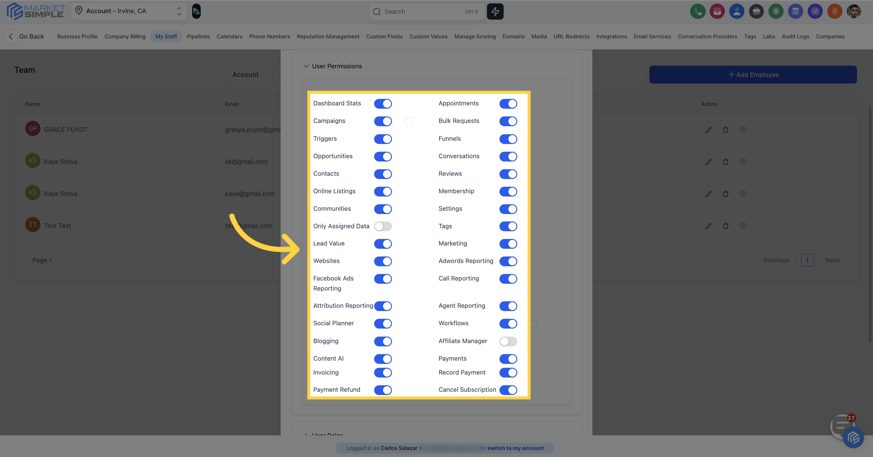 Lists of all user permissions