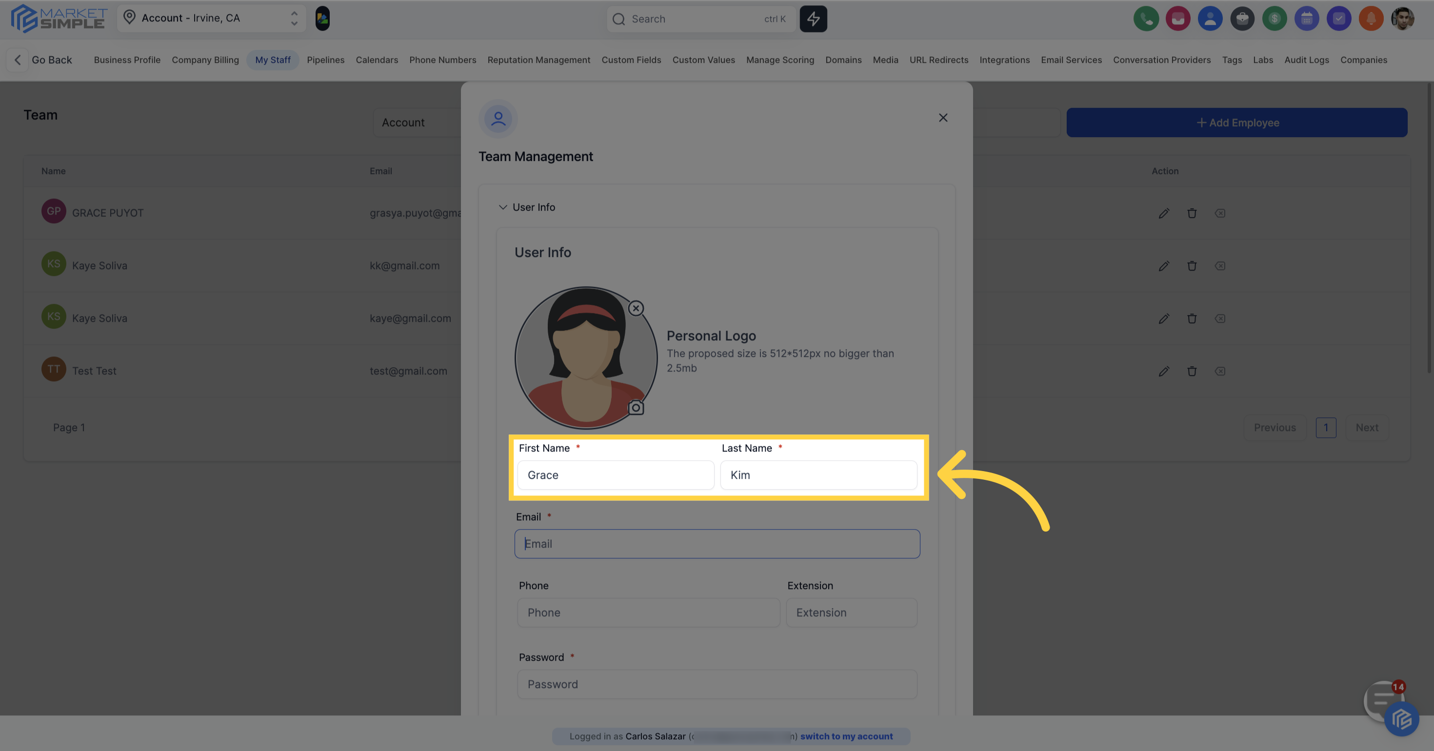 Click here to Add 'First Name' & 'Last Name'