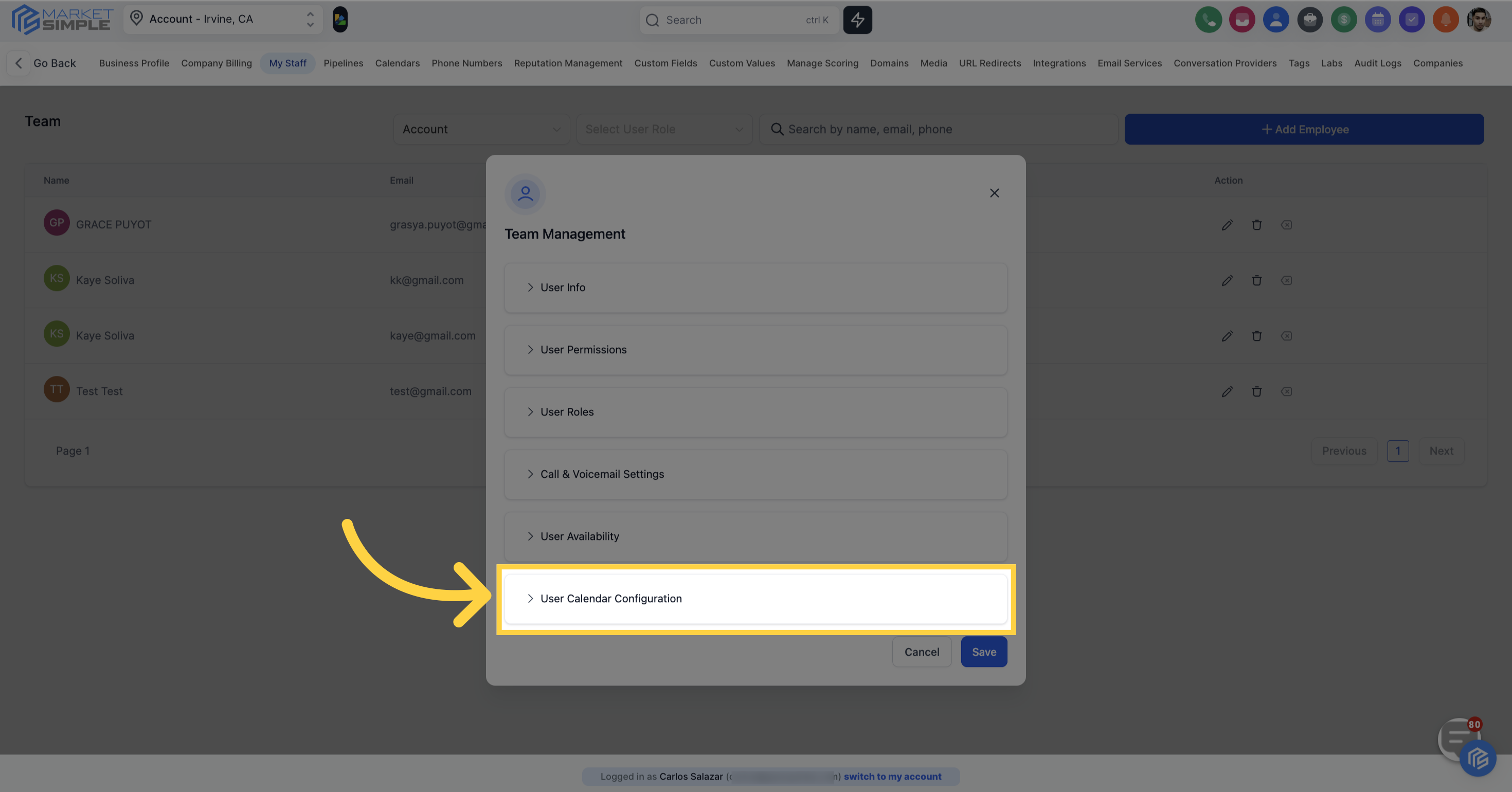 Click 'User Calendar Configuration'