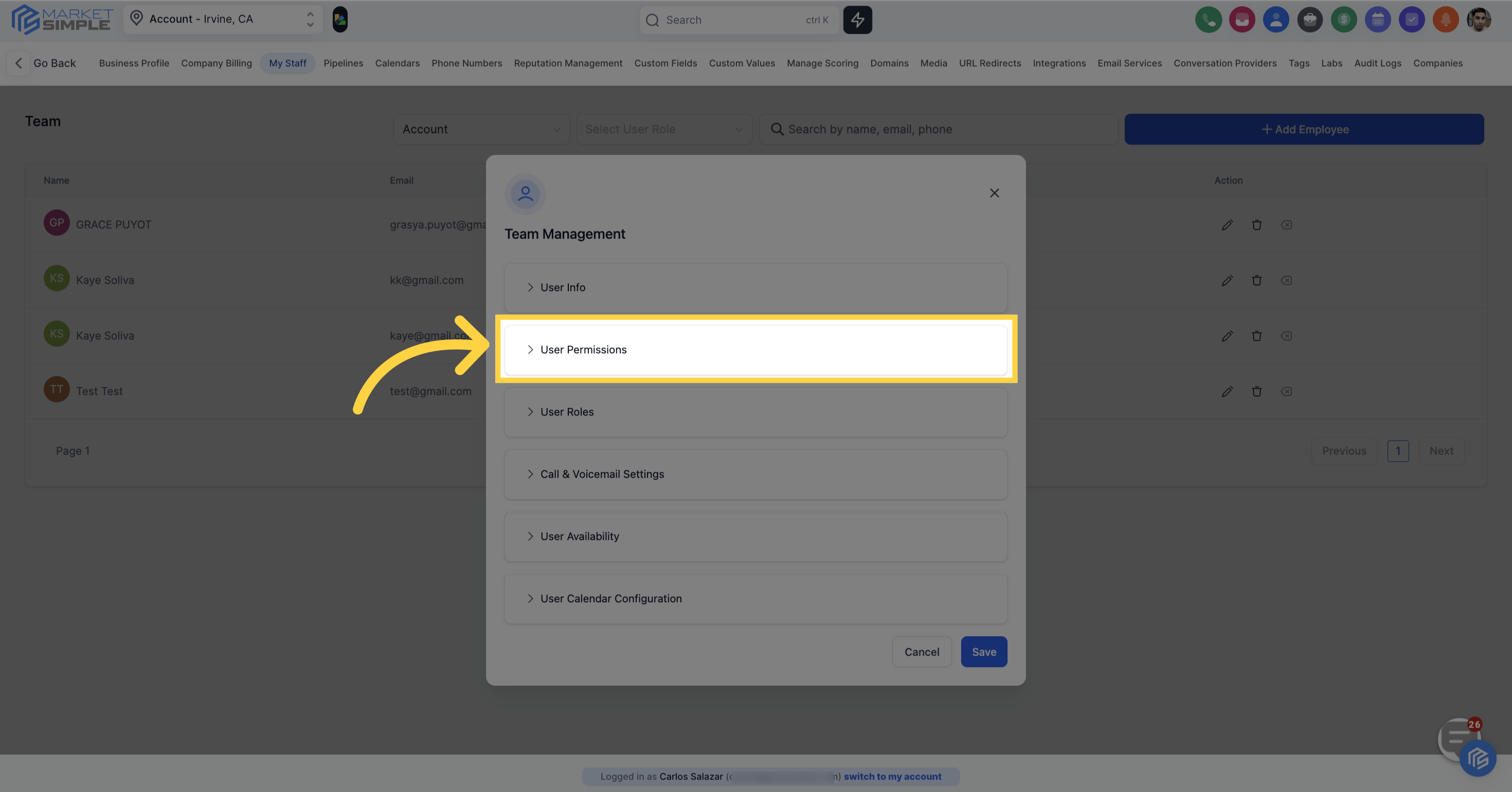 Click 'User Permissions'