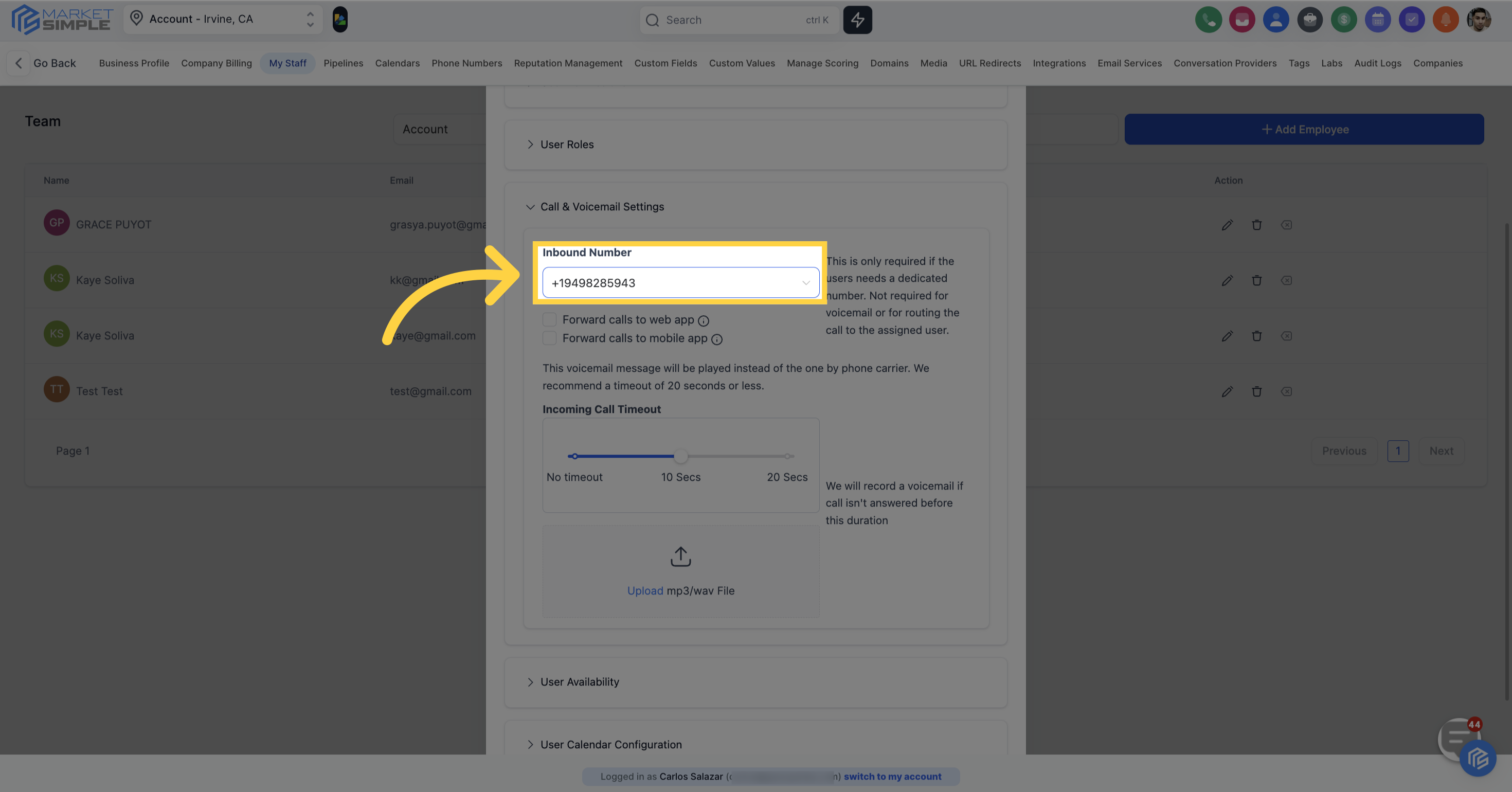 Click here to select 'Inbound Number'