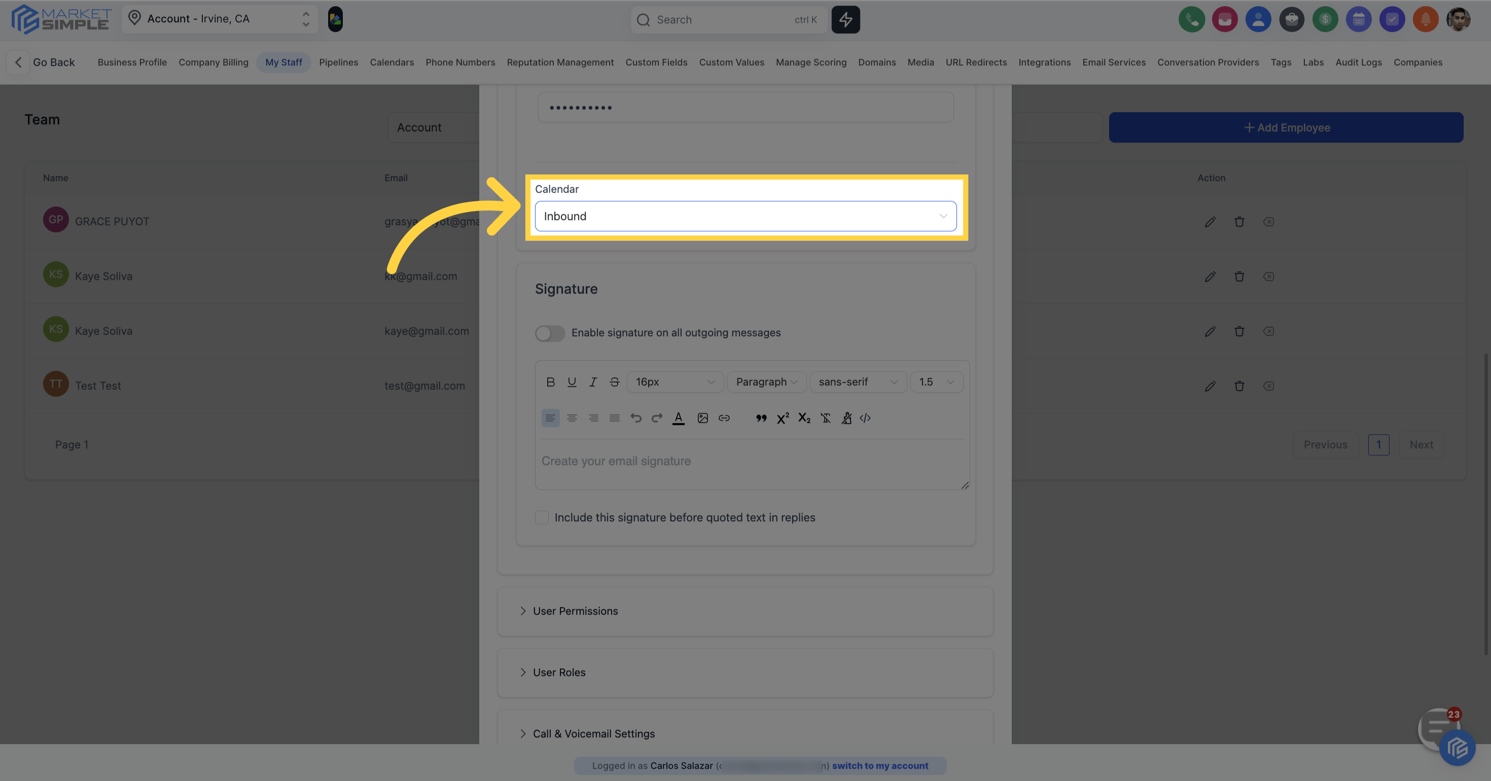 Click here to select 'Calendar'