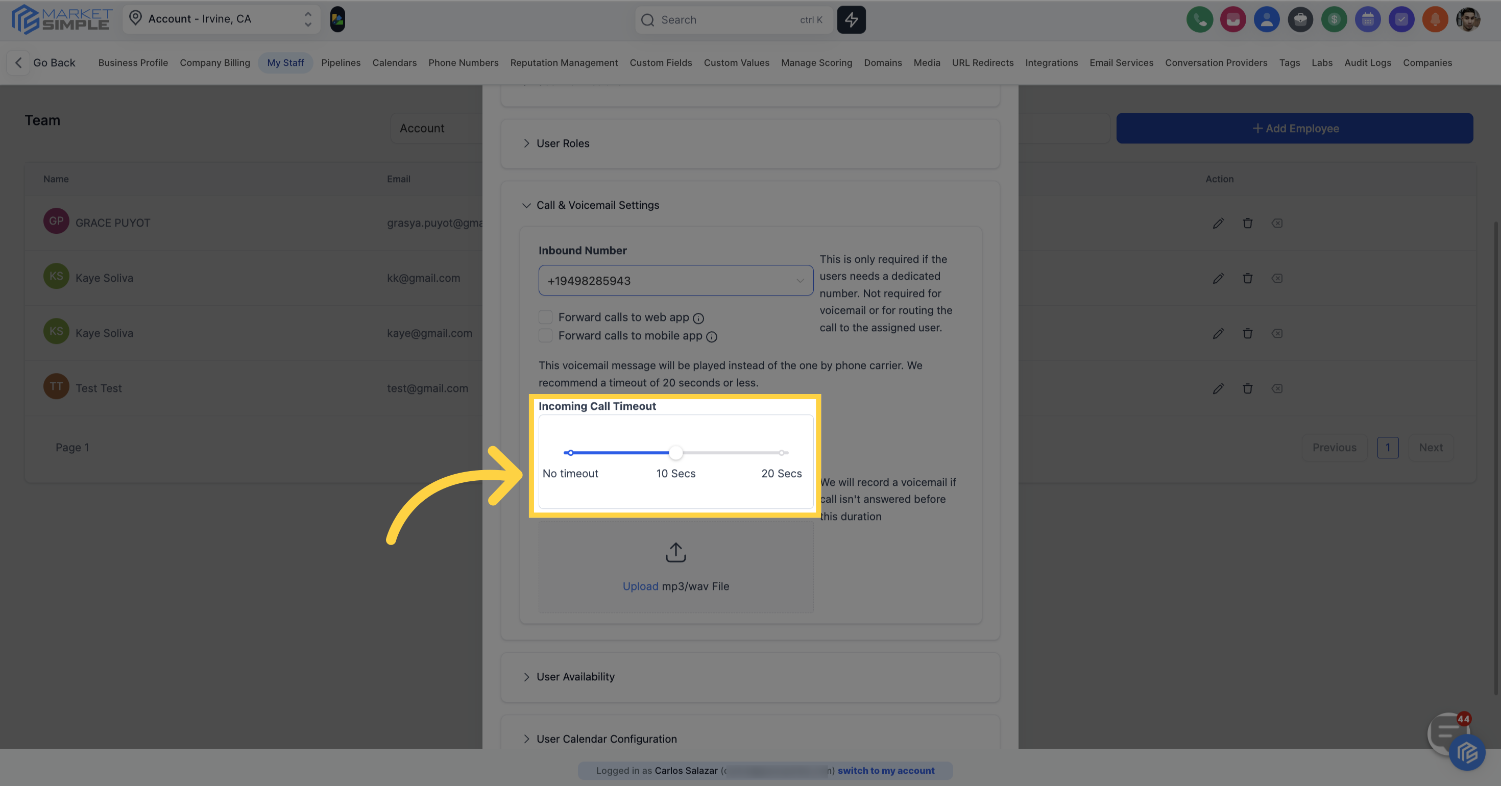 Click here to adjust 'Incoming Call Timeout'