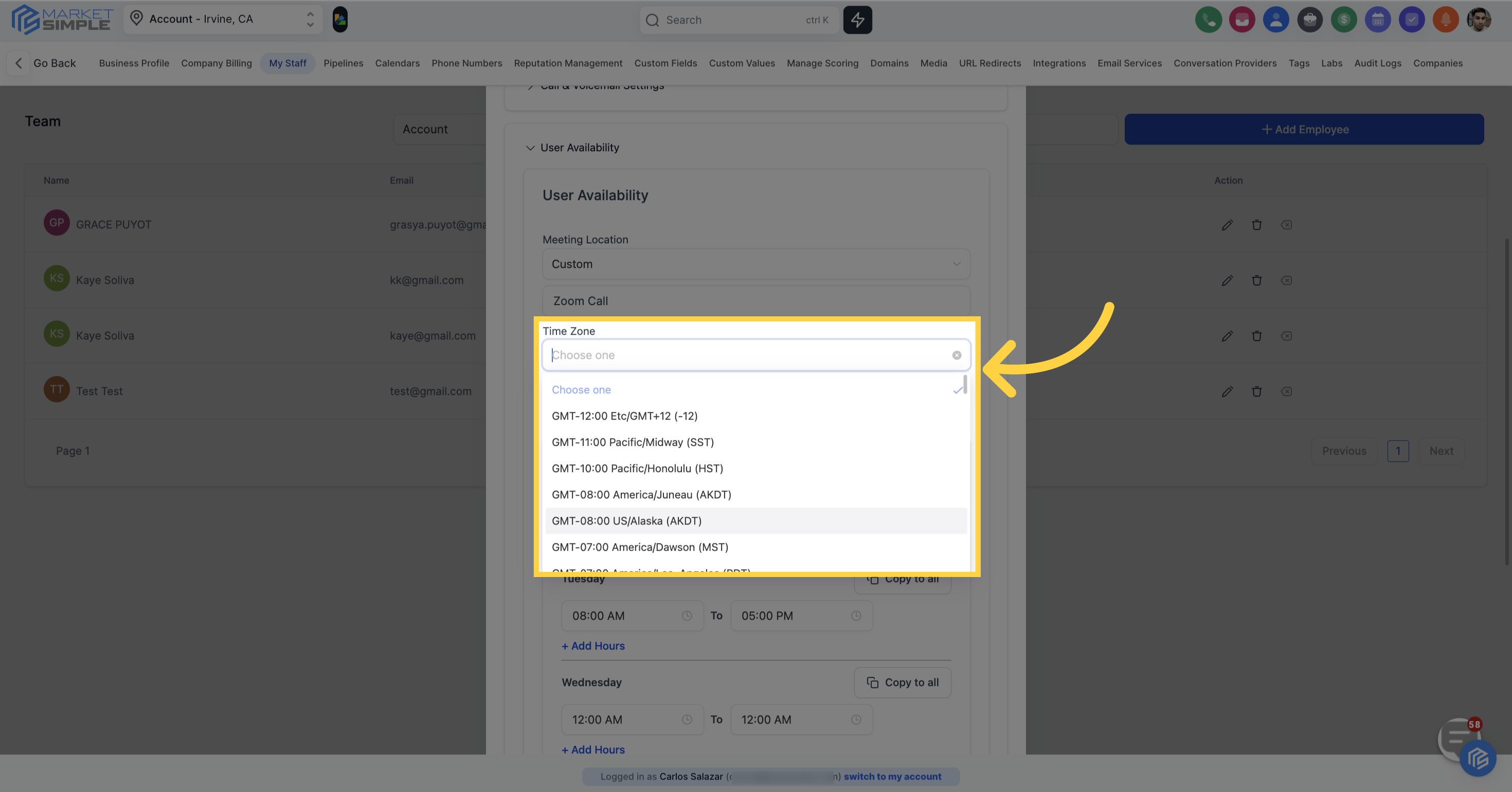 Click 'GMT-08:00 US/Alaska (AKDT)'
