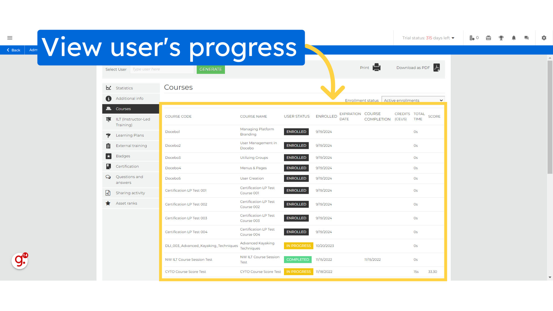 View user's progress