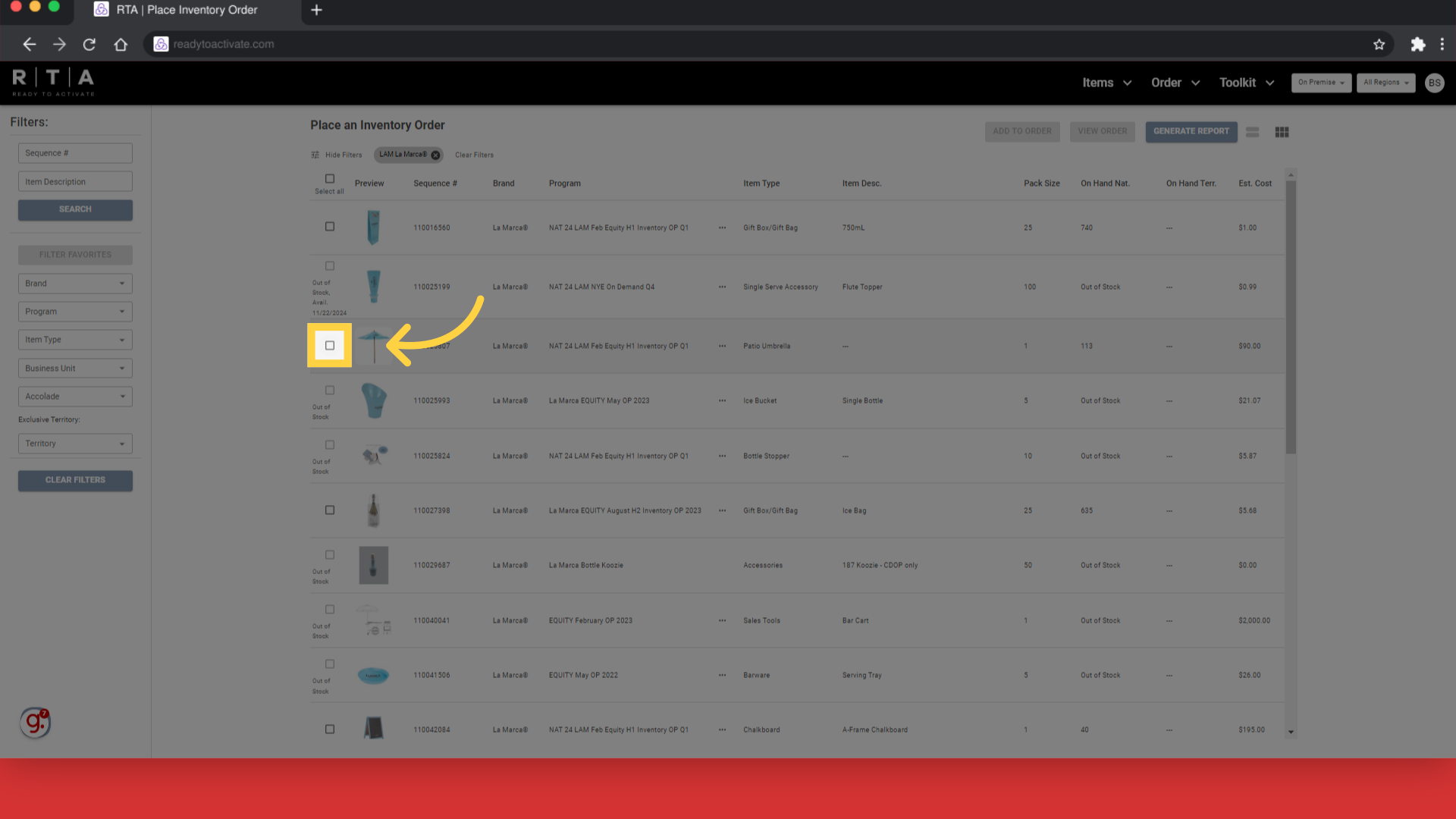 Select the item to add to your order