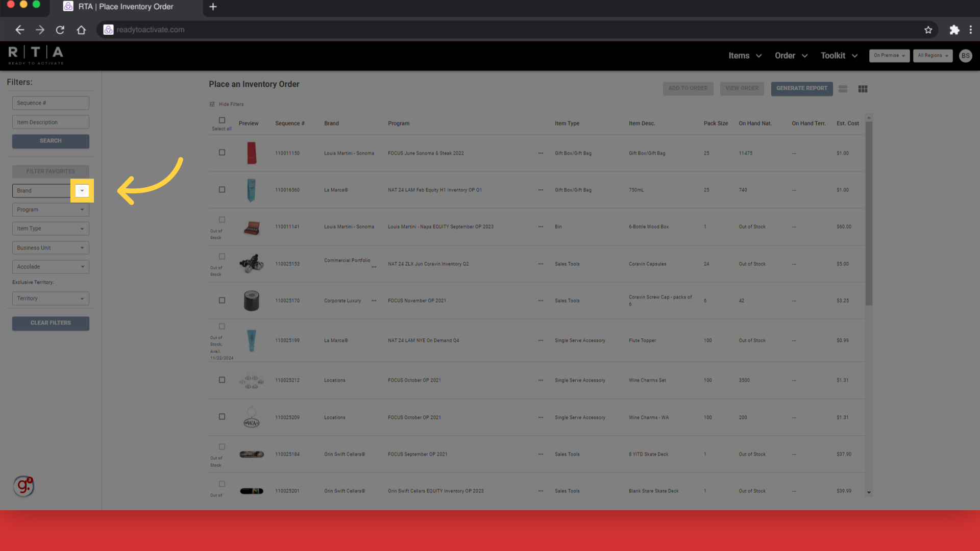 Use the filters on the left to search for specific items