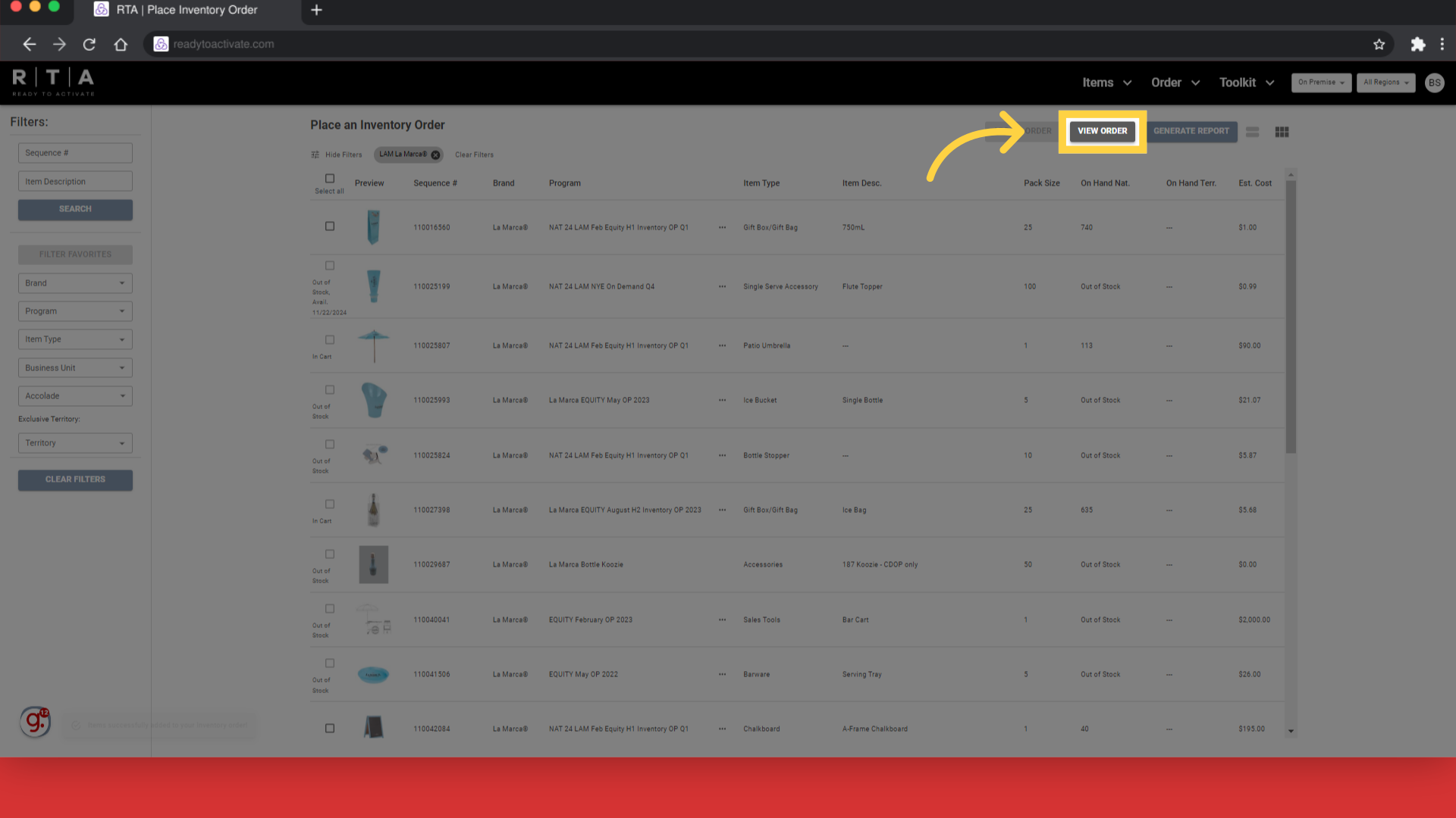 Click 'VIEW ORDER'