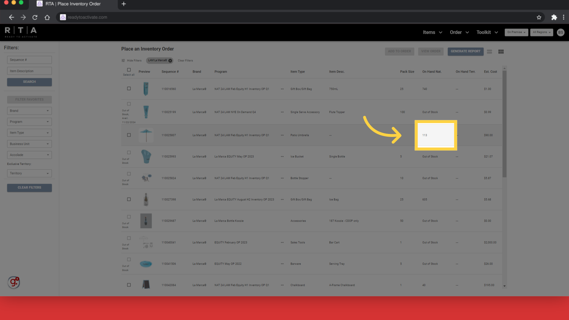 Available quantities by item are shown here