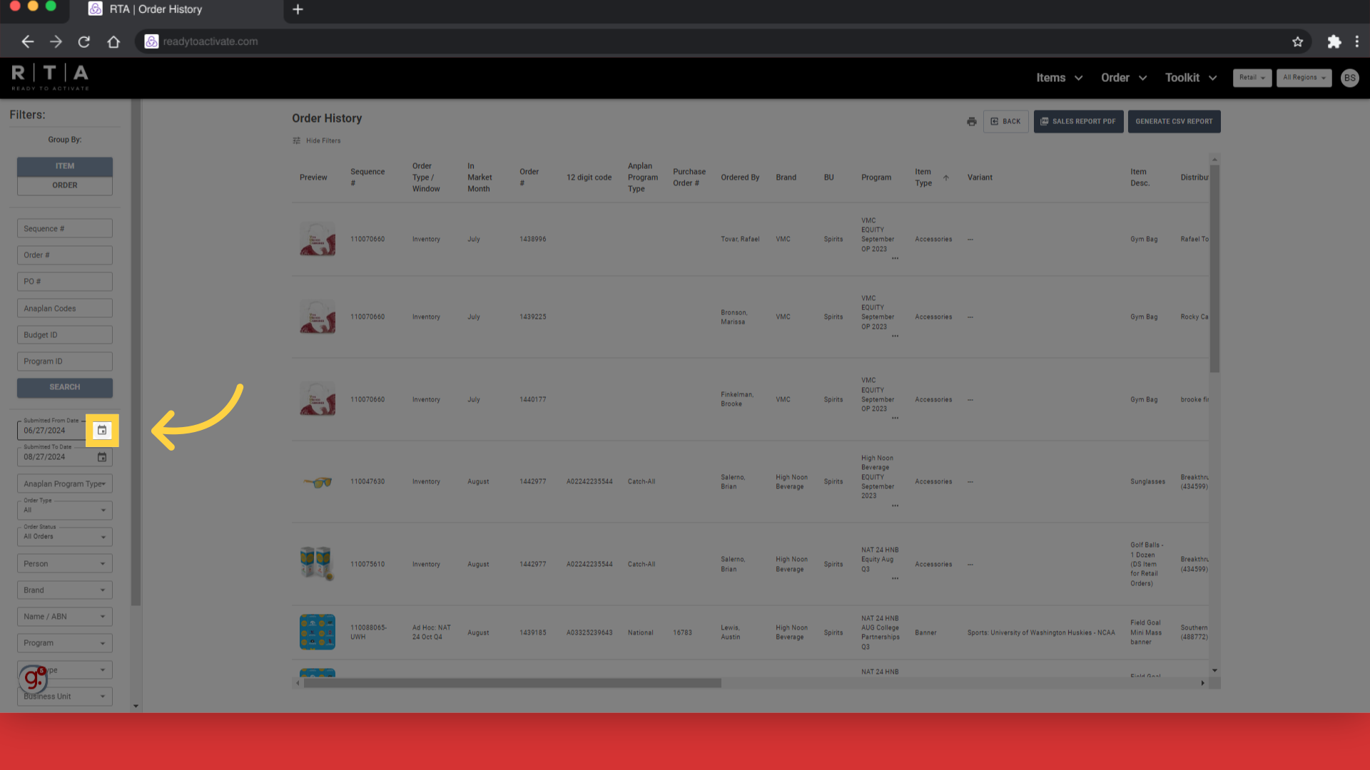Select dates that Orders were Submitted