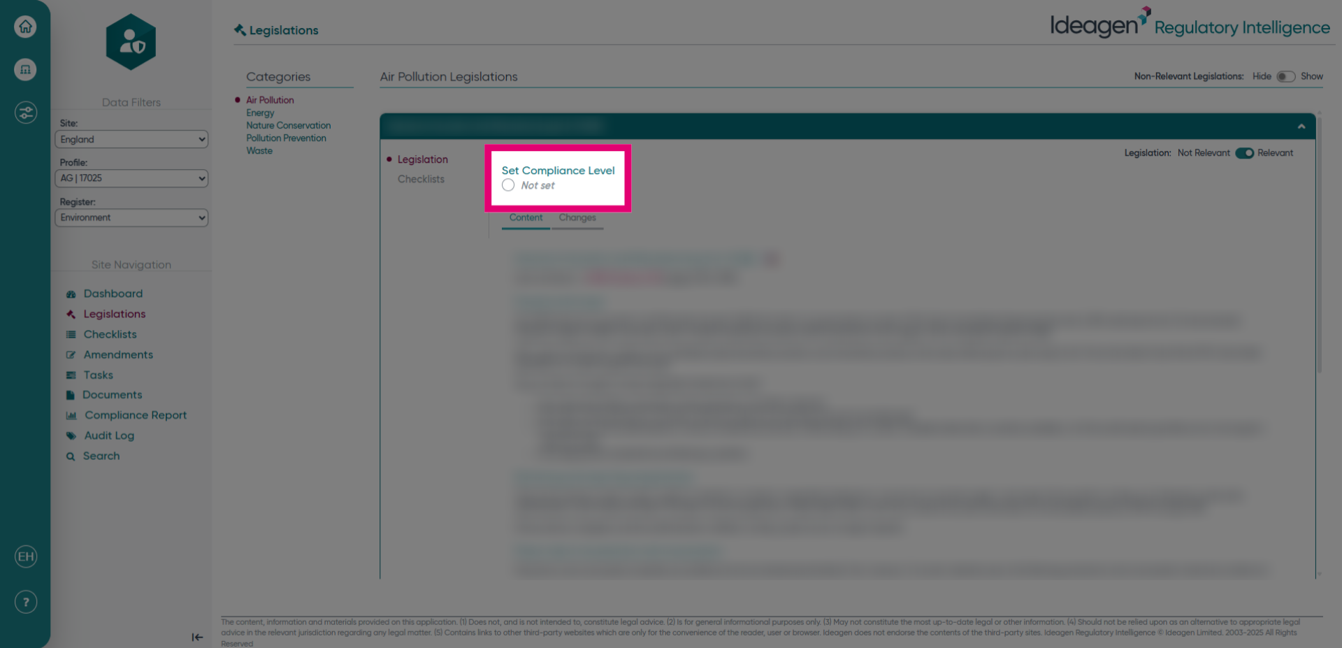 Click here to set the compliance level