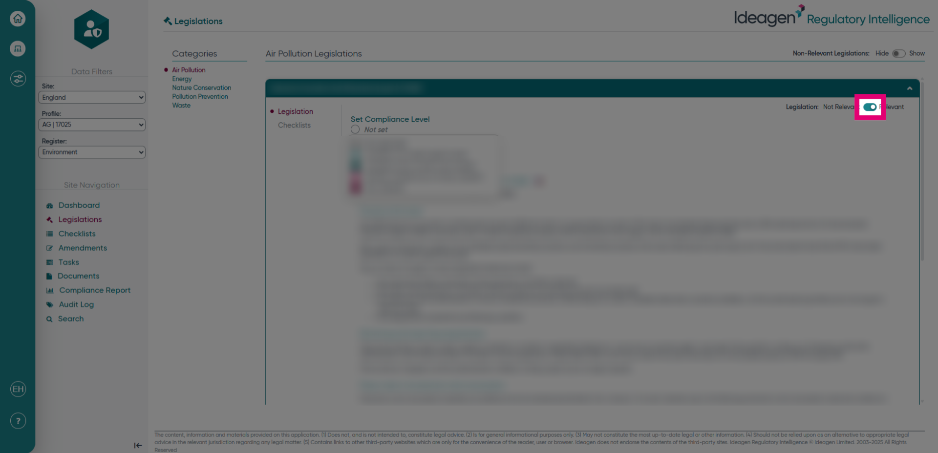 Click here to set a legislation as relevant or not relevant