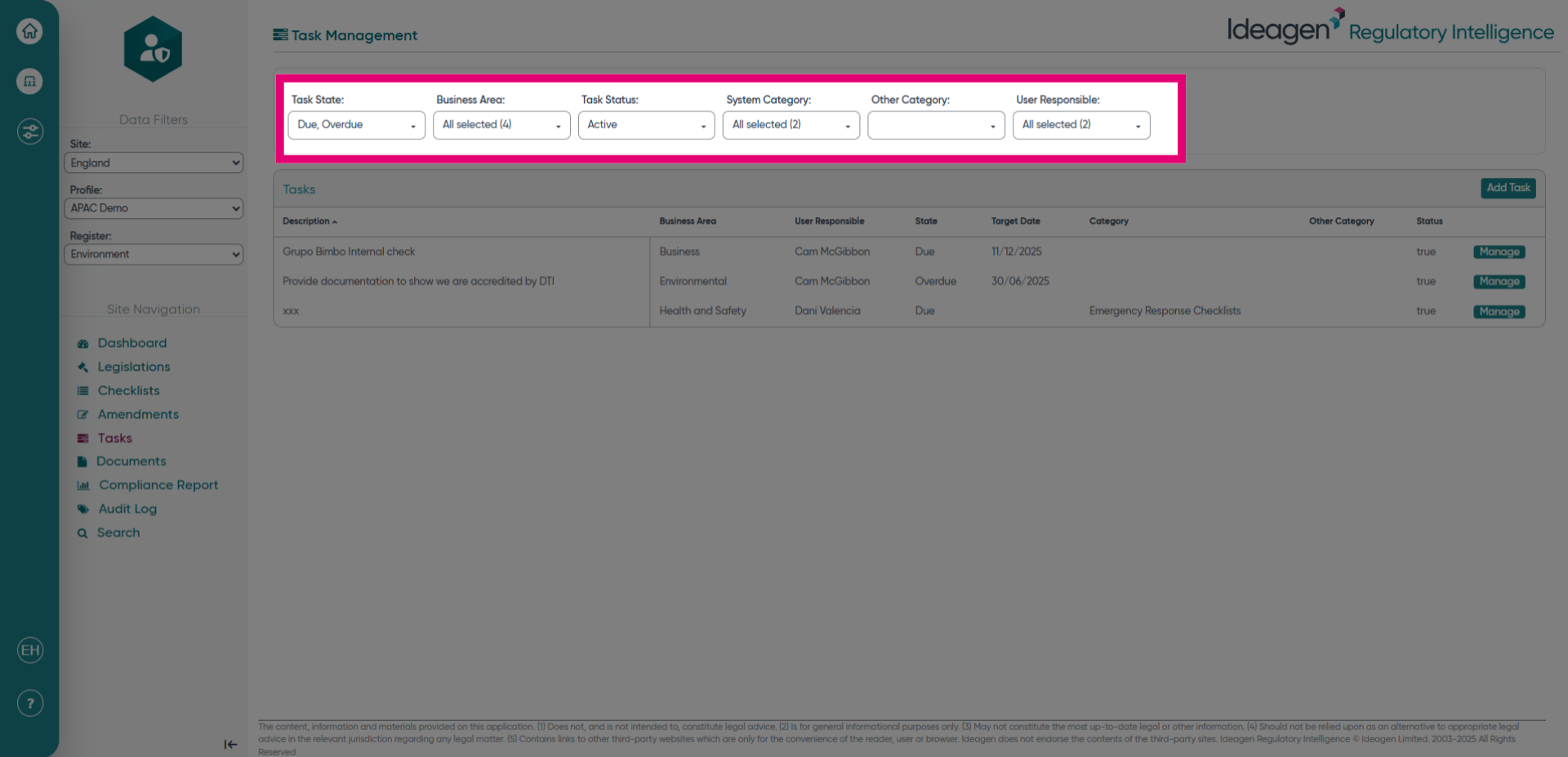 Use the filters to filter the tasks