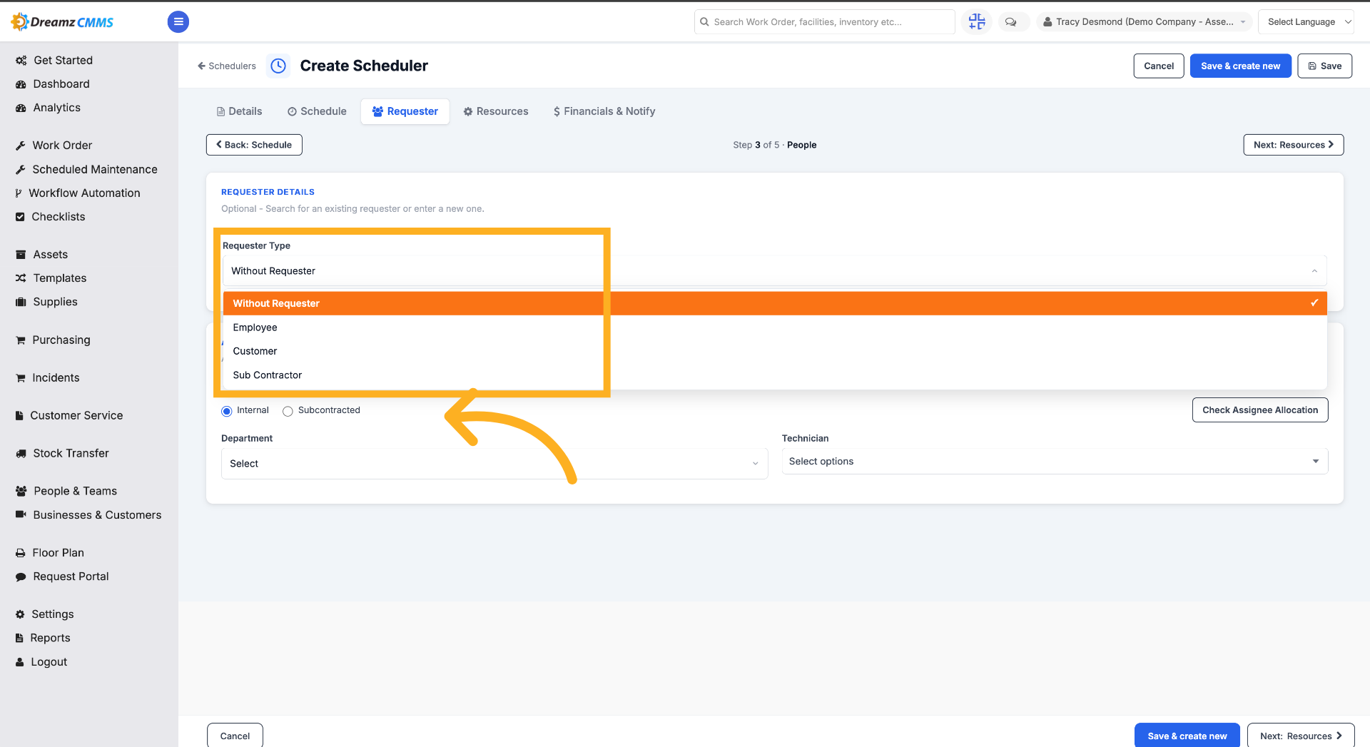 Select from the requester option 