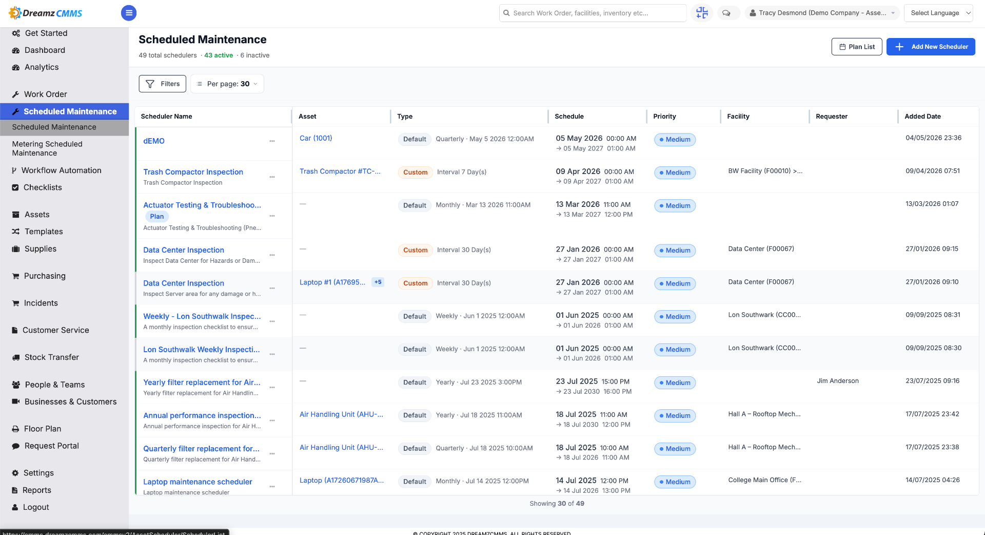 Open Scheduled Maintenance Listing page