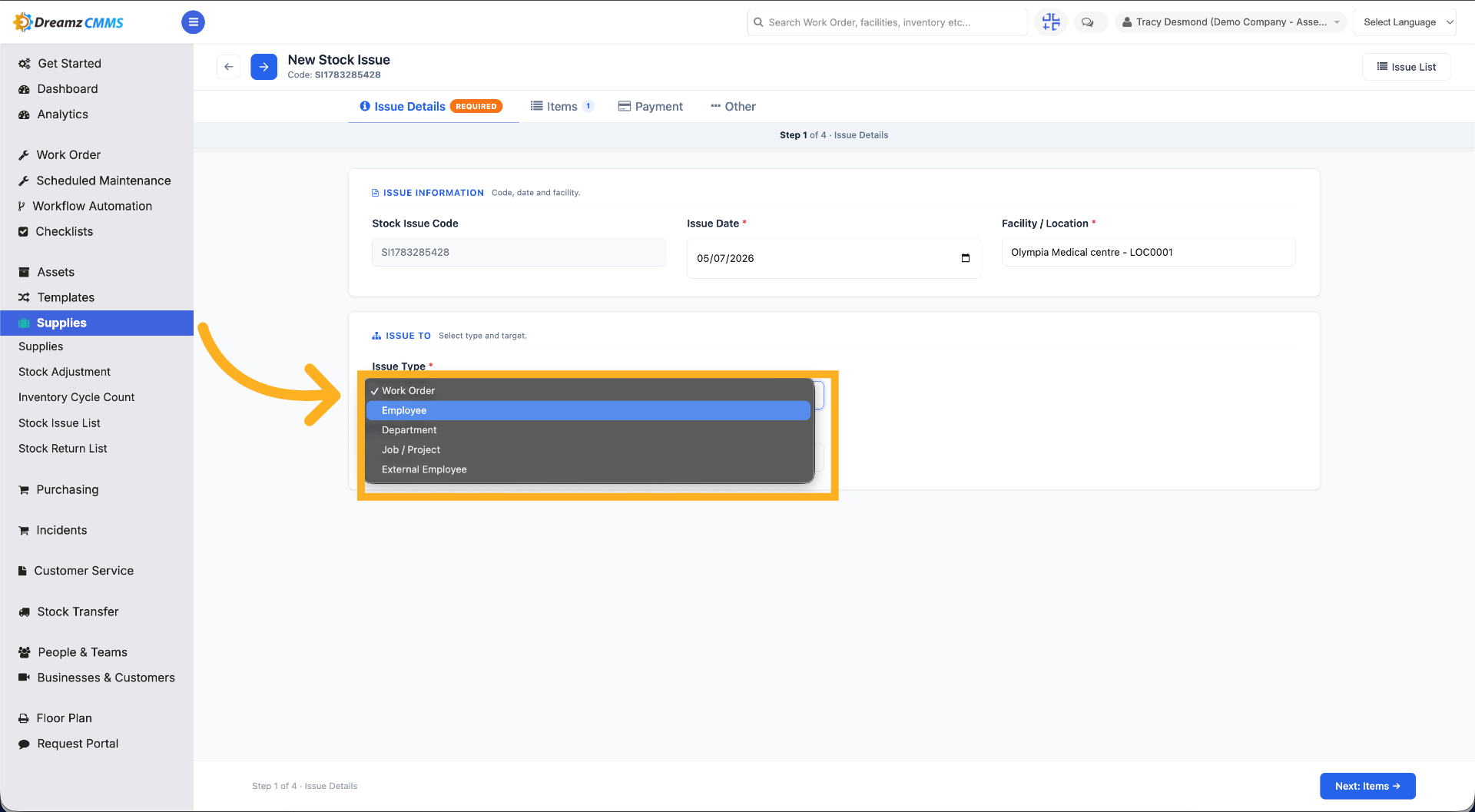 Select Stock issue to field