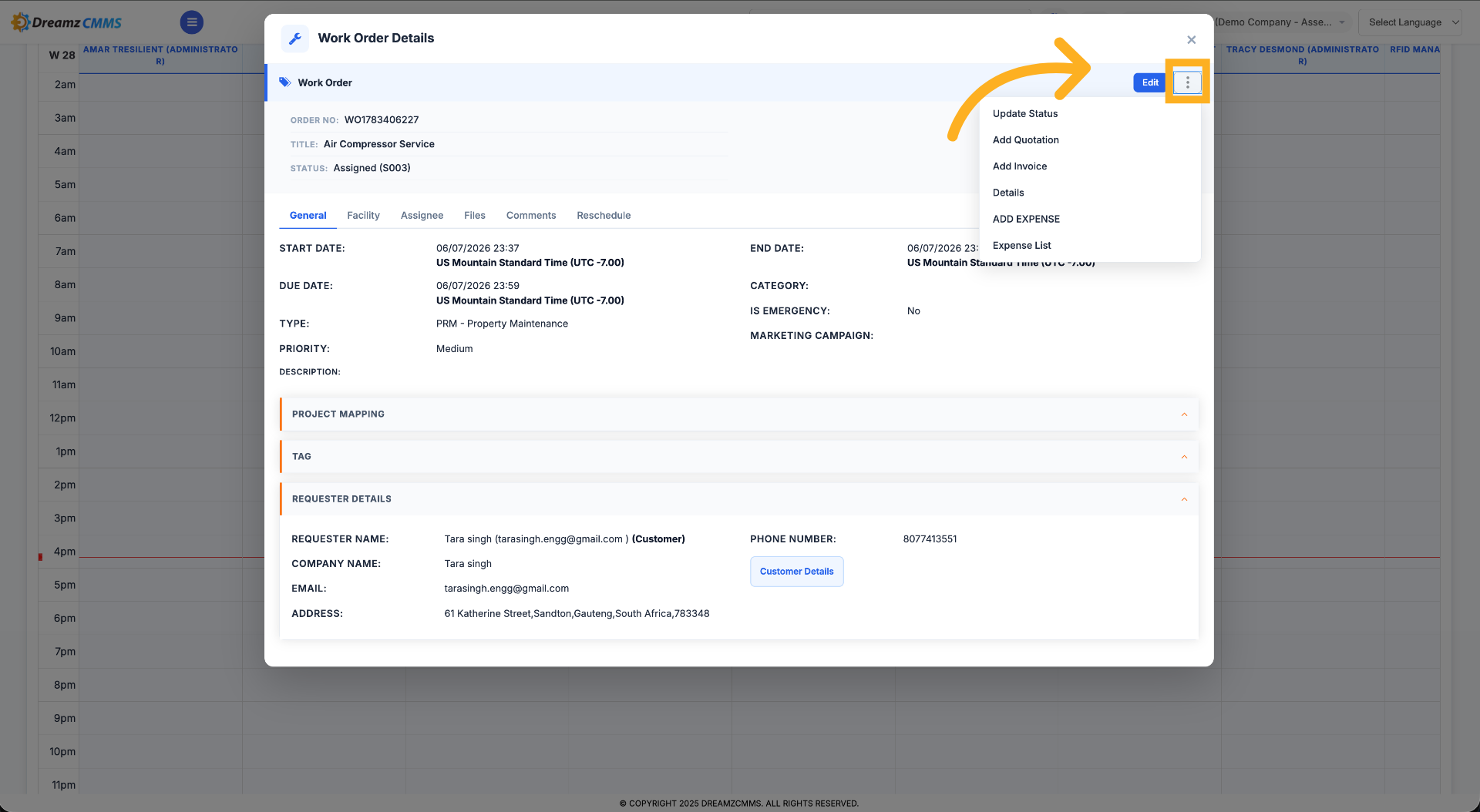 Work Order Details in calendar view