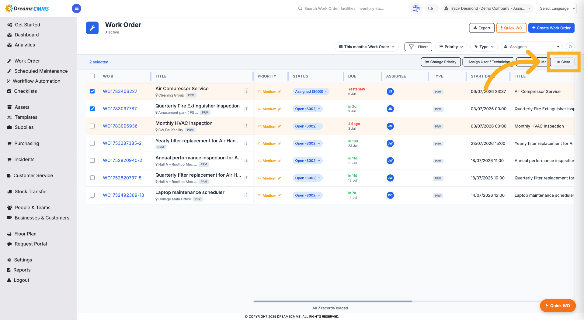 Clear Work Order Selection