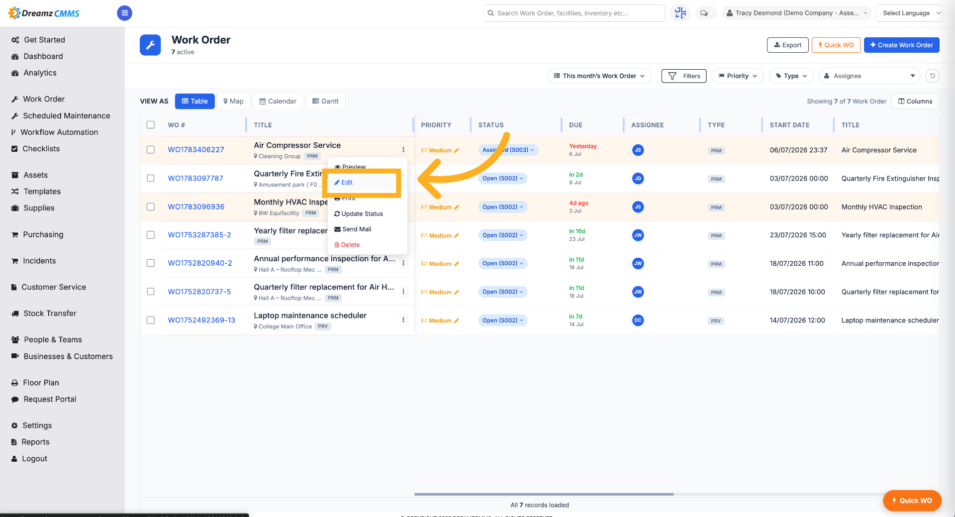 Navigate to Work Orders Page