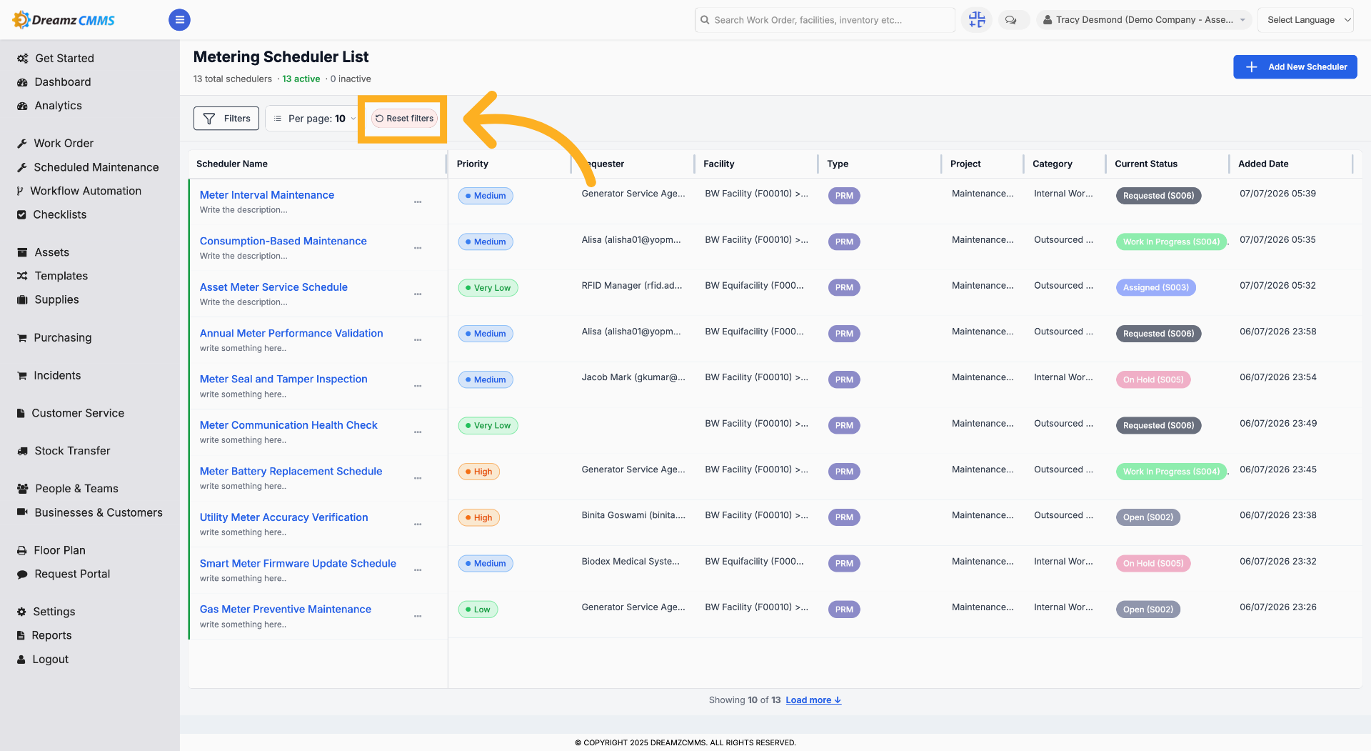 Reset Scheduler Filters