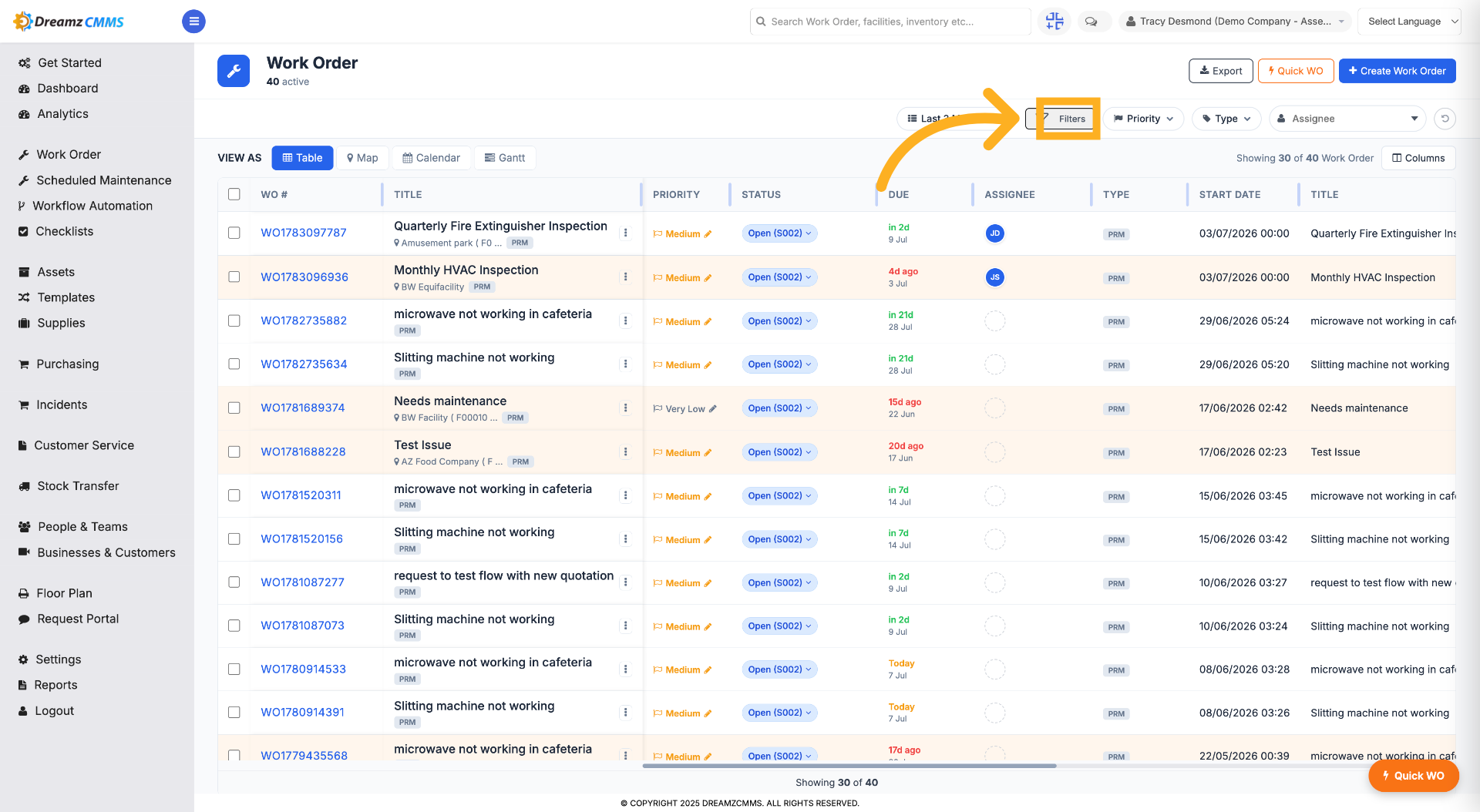 Open Work Order Filters