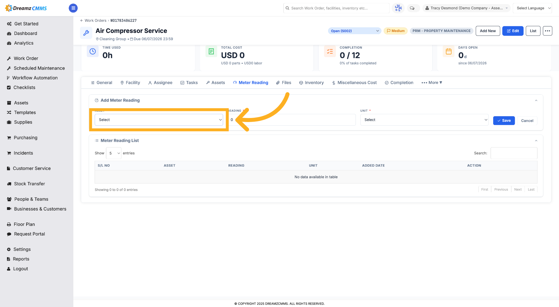 Select Asset for Meter Reading