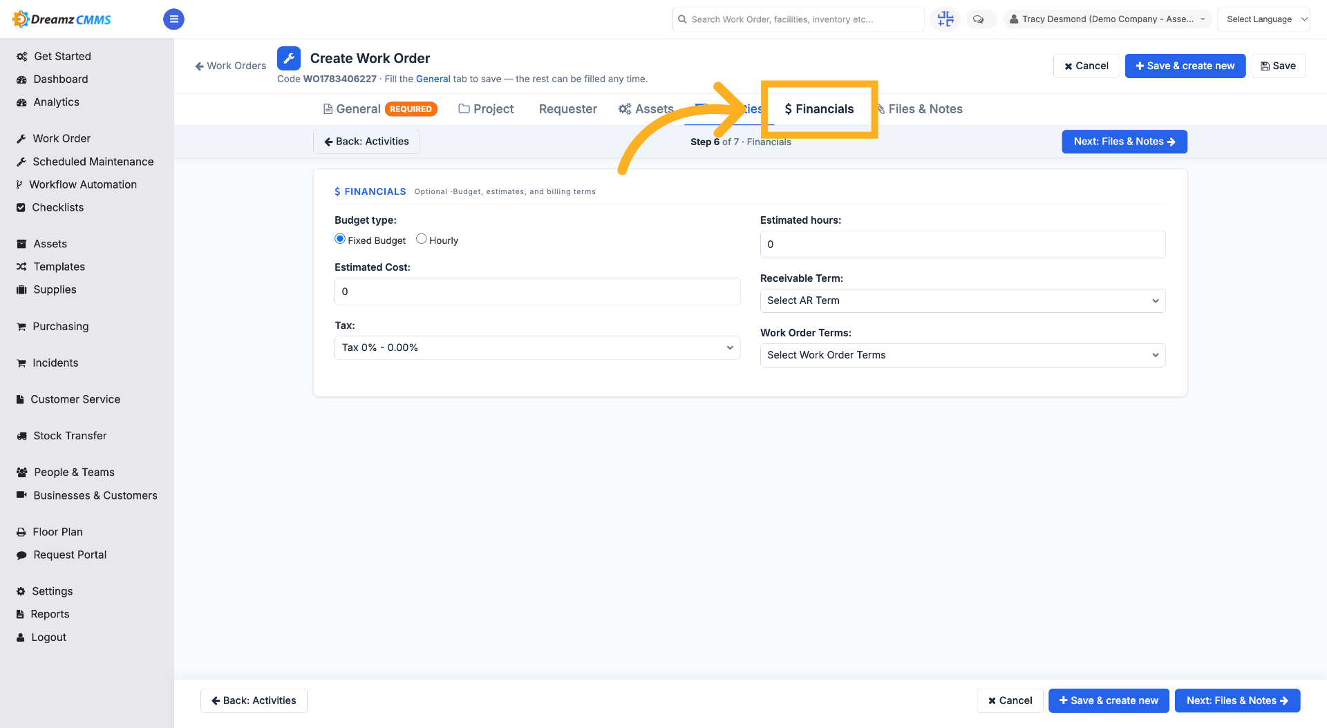 Open Financials Section