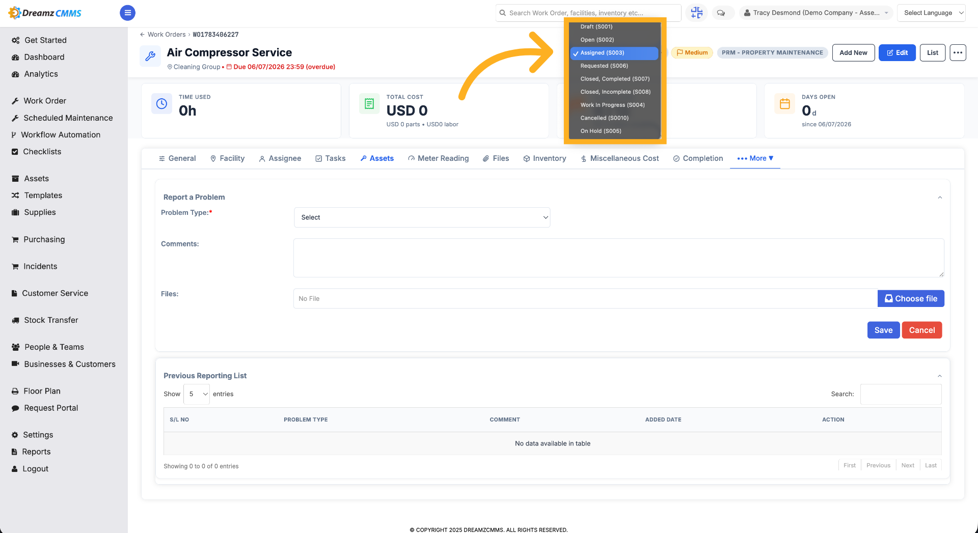 Select Work Order Status