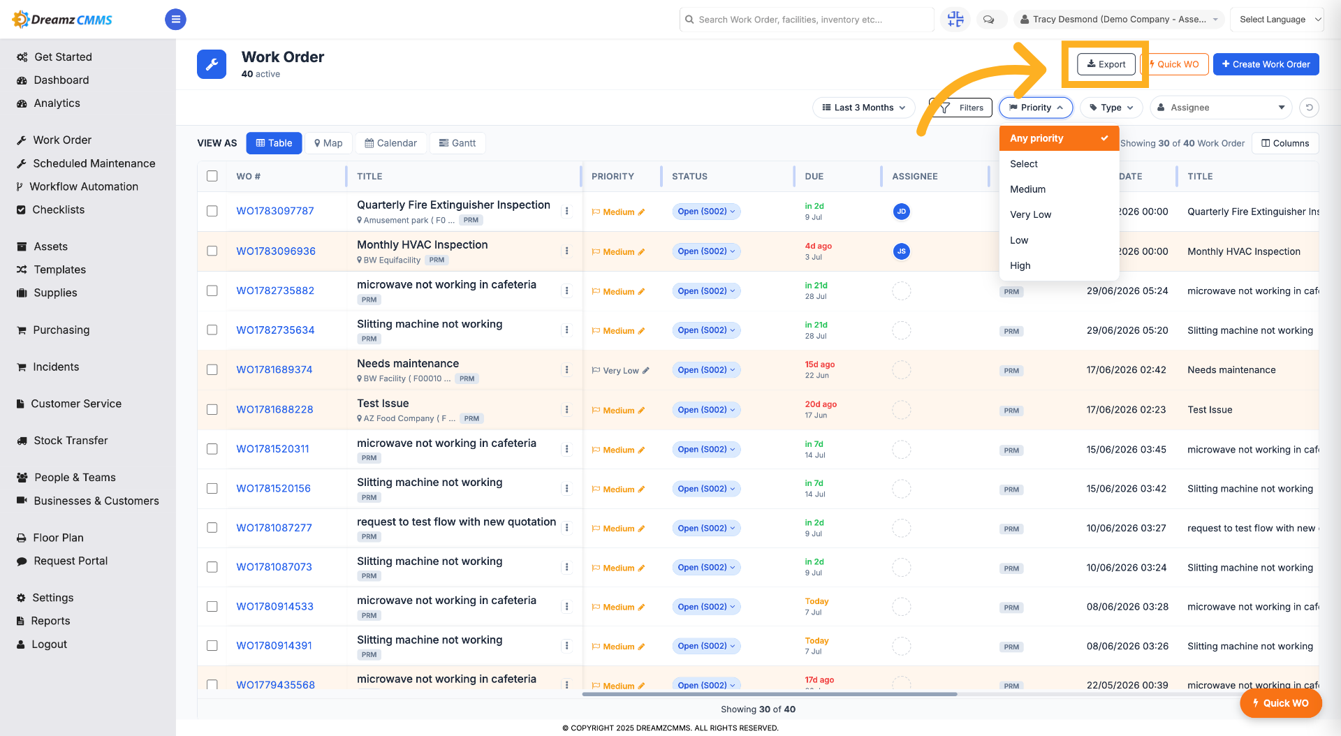 Open Work Order Export Options