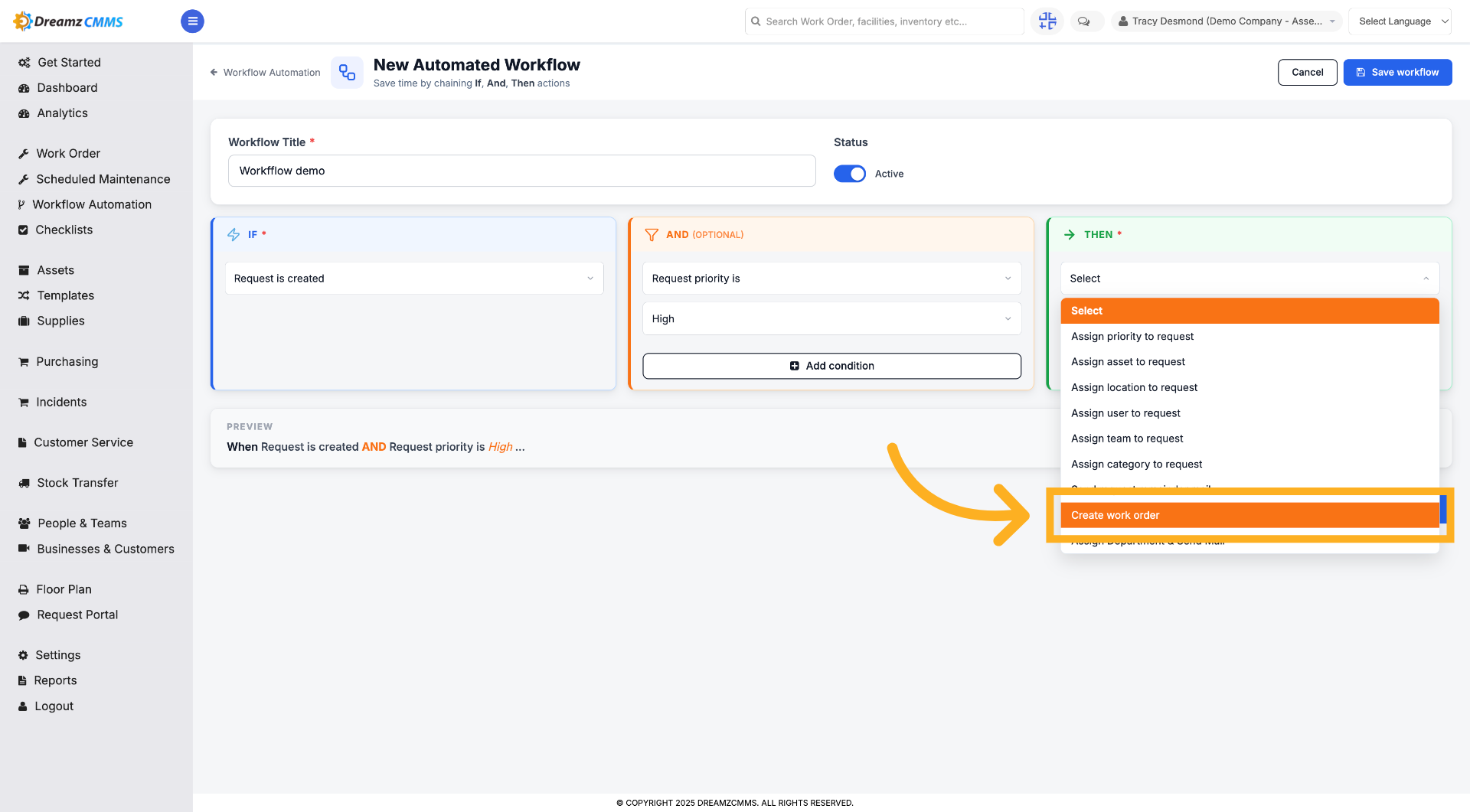 Choose Create Work Order Action