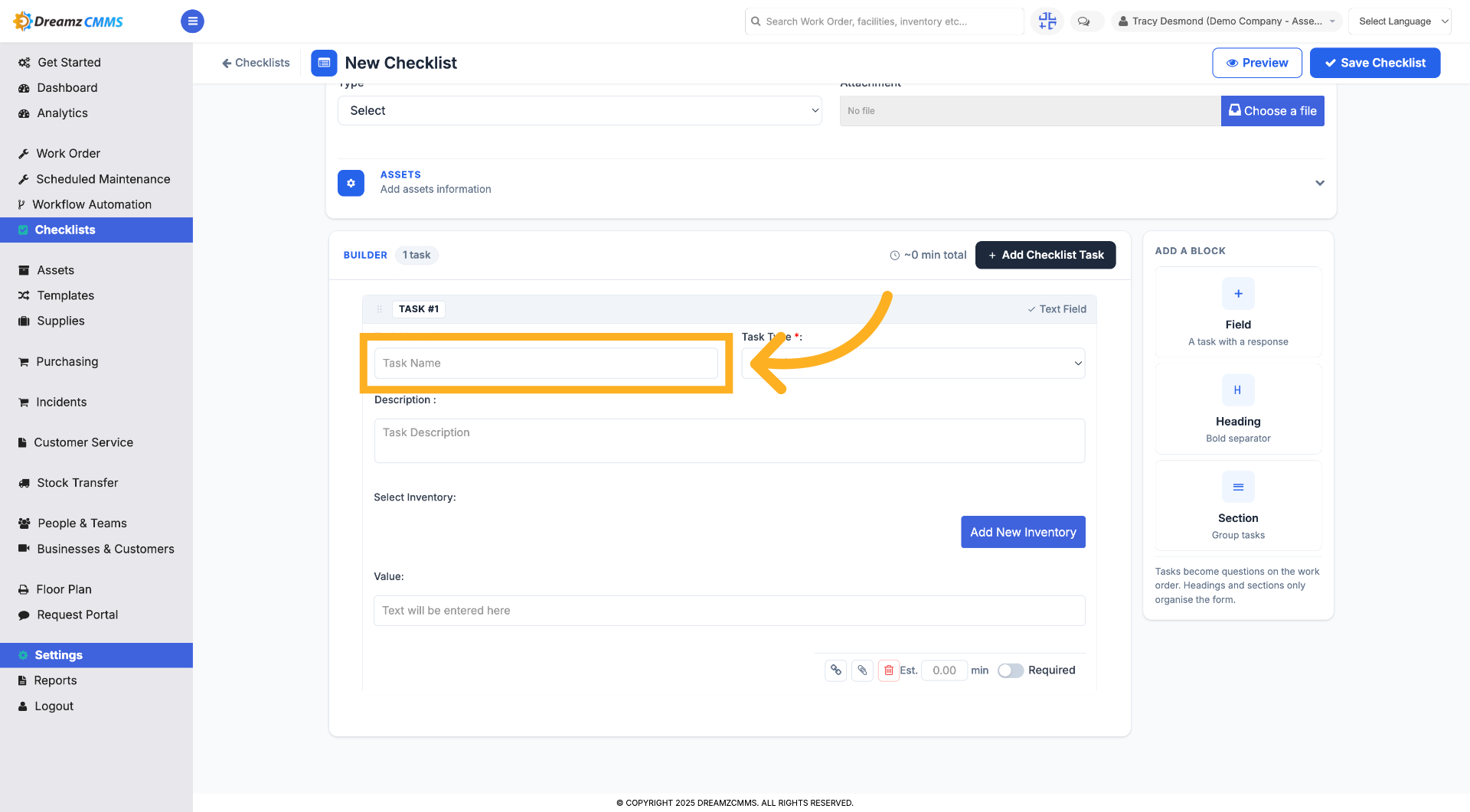 Select Task Name Field