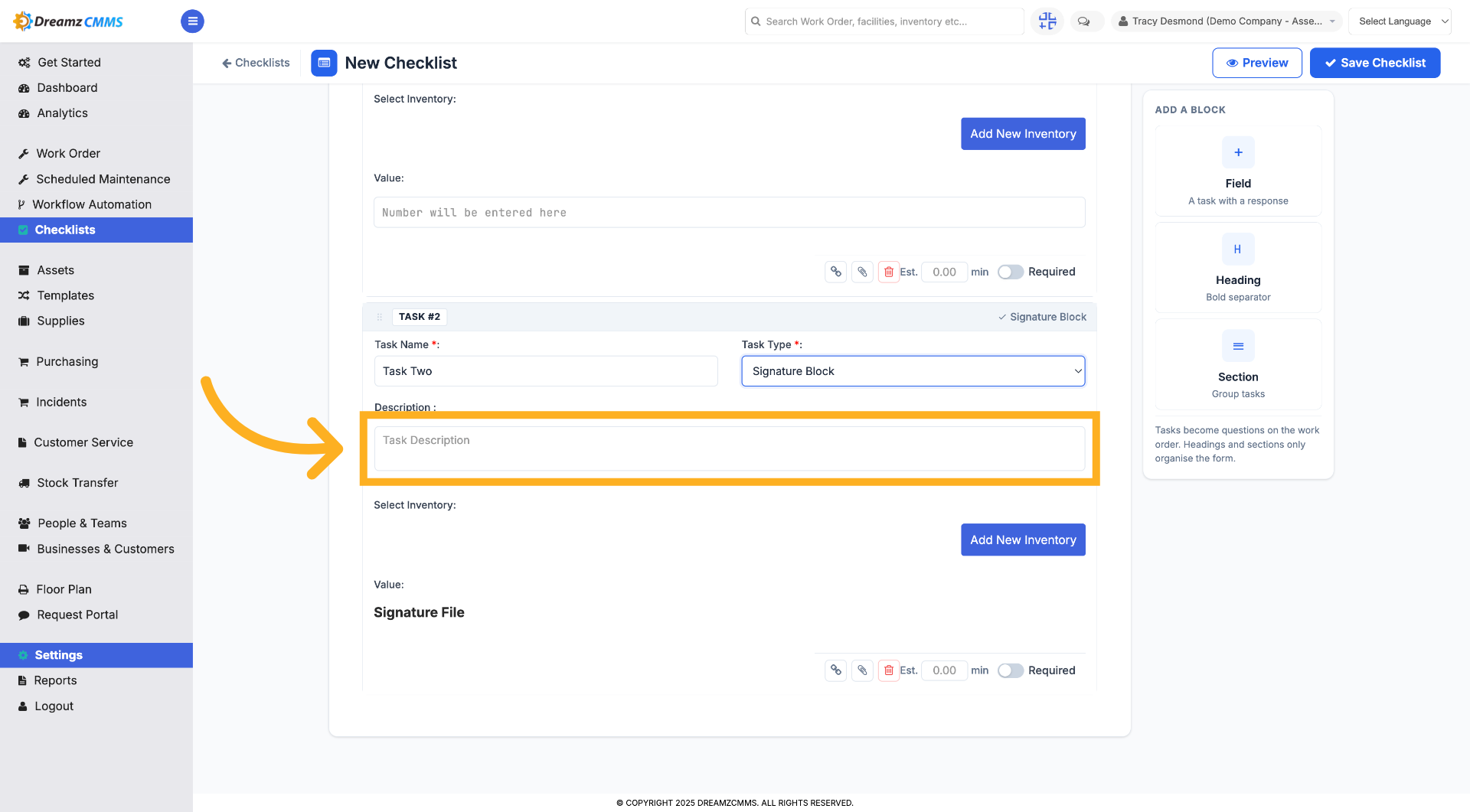 Select Task Description Field
