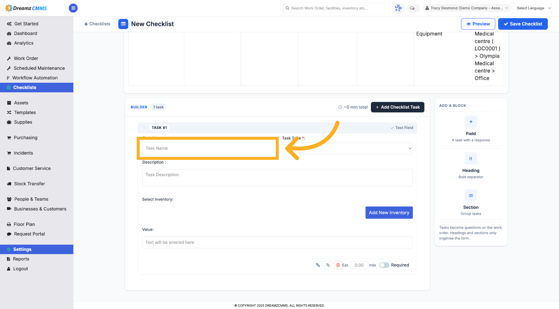 Select Task Name Field