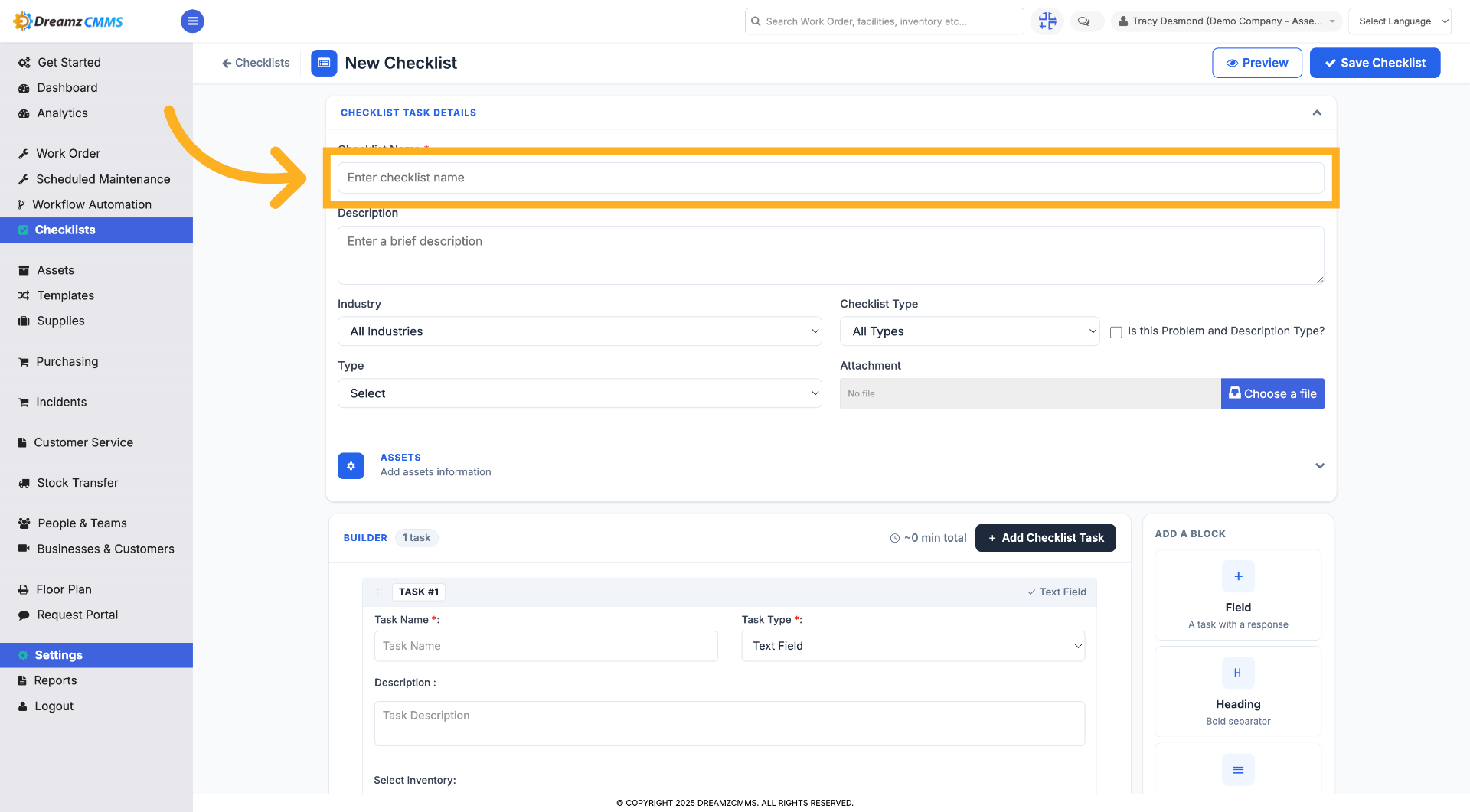 Select Checklist Name Field