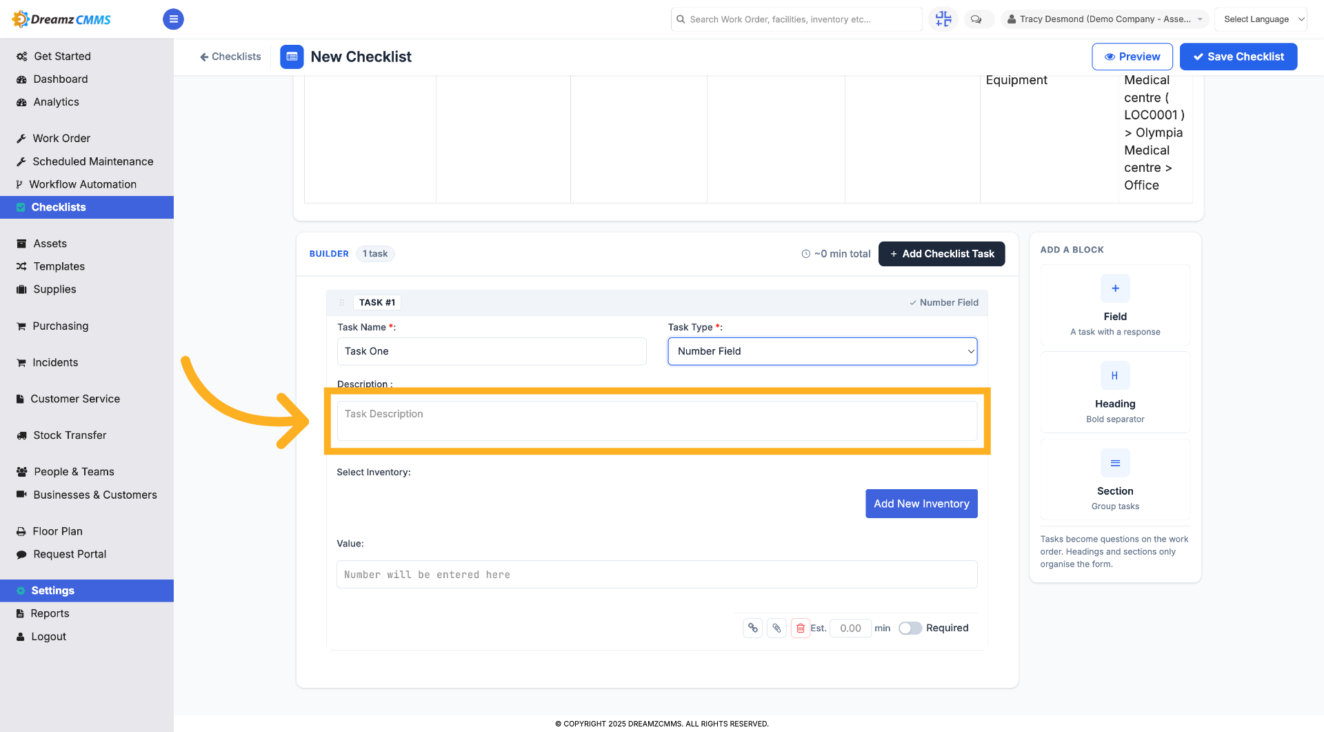 Select Task Description Field