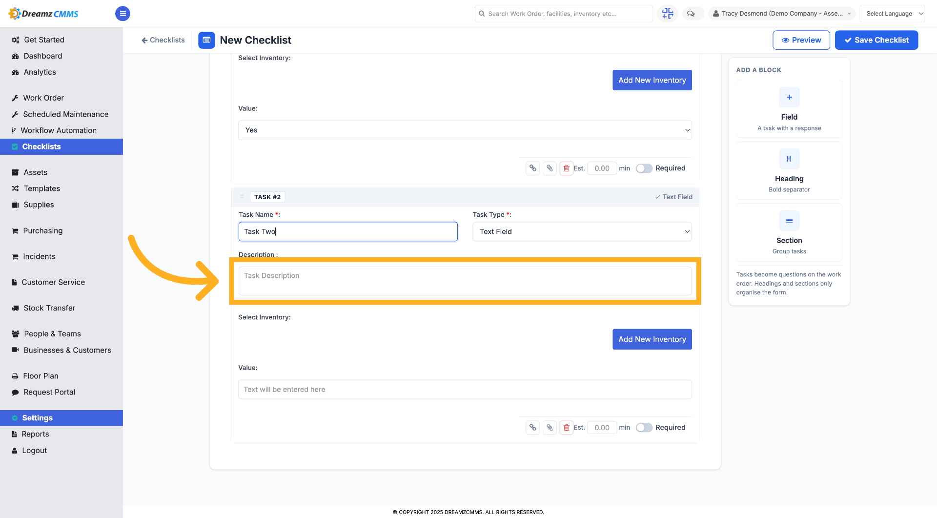 Select Task Description Field