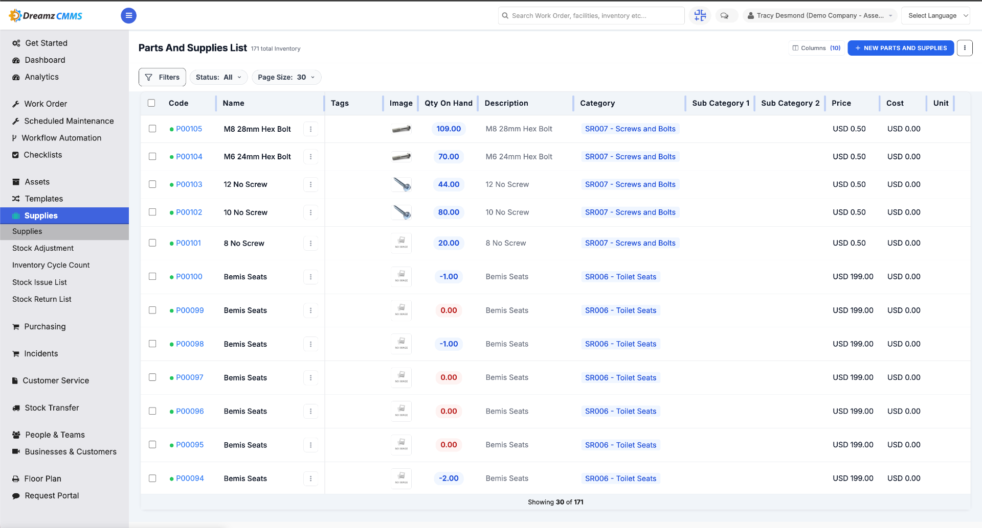Inventory listing page