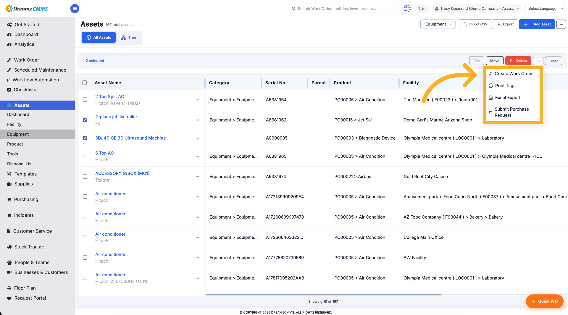 Select options to perform against selected assets