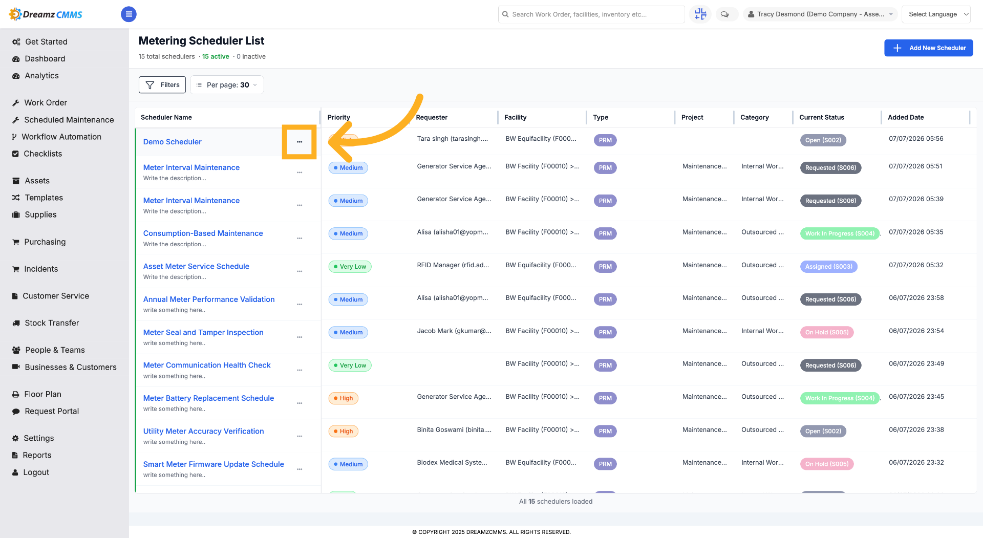 Access Metering Scheduler List