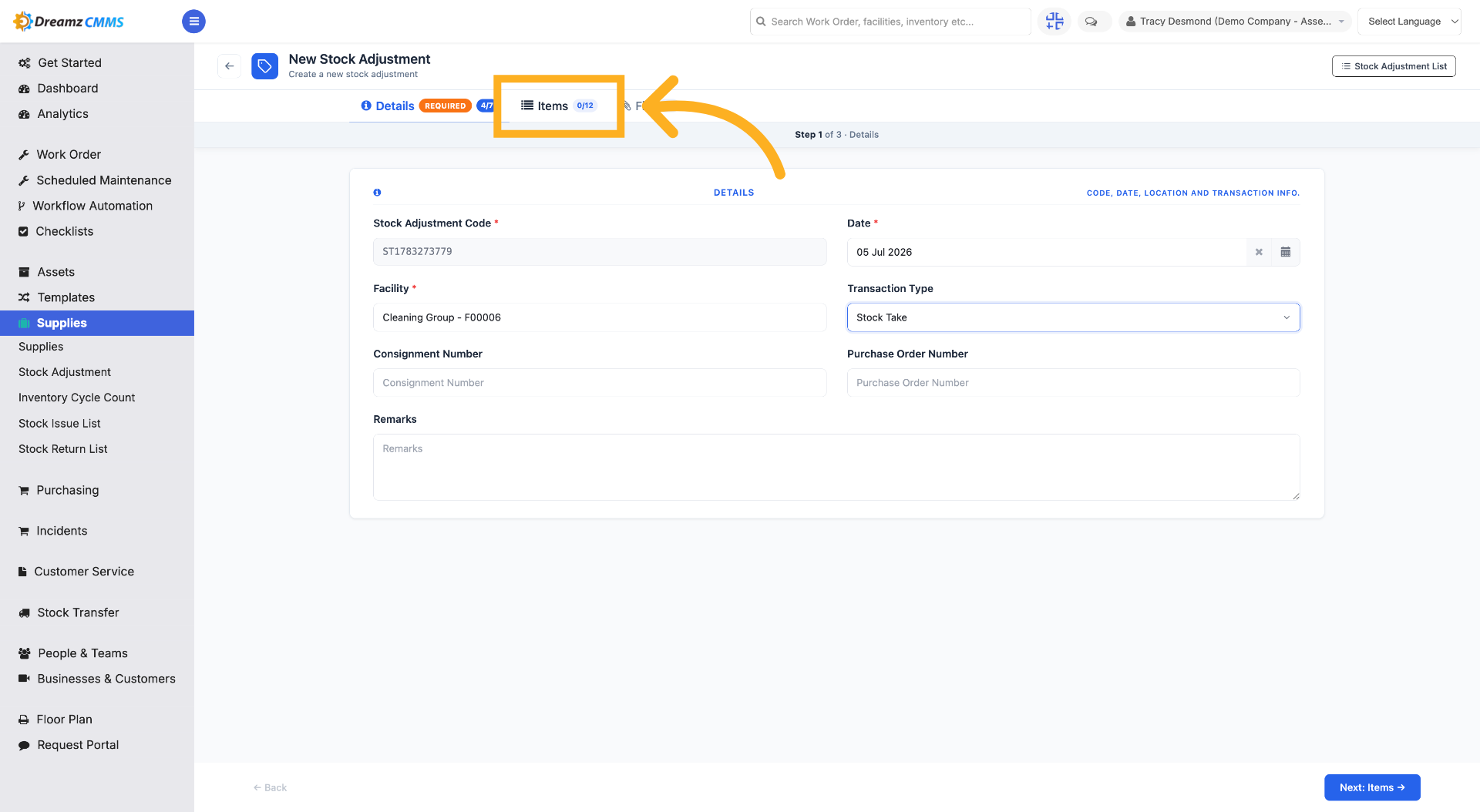 Access Items Section