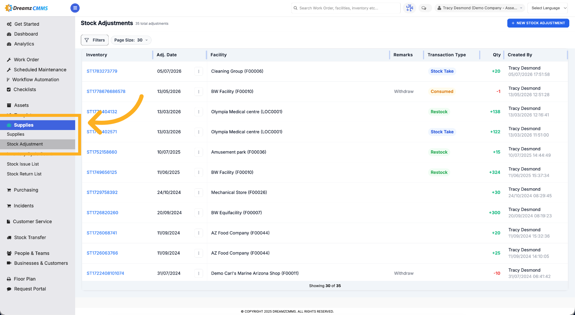Open Stock Adjustment Page