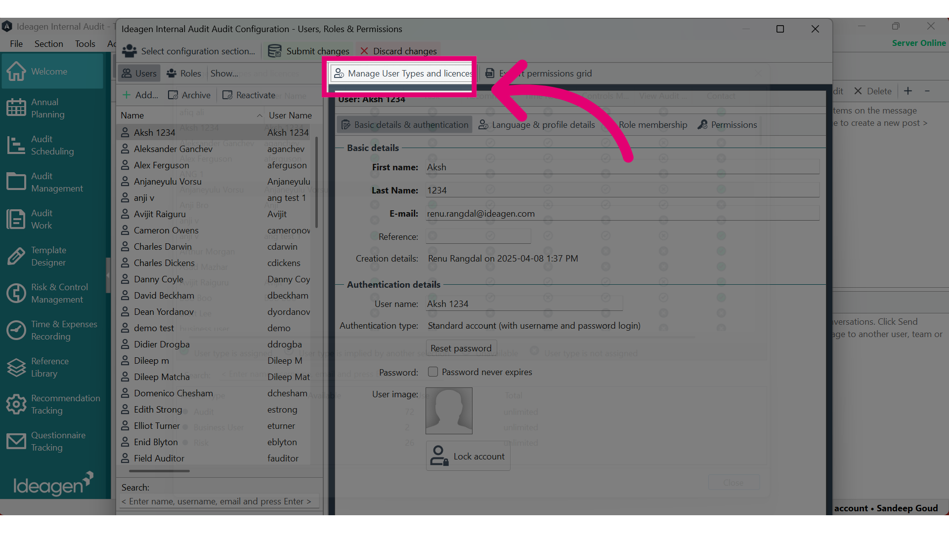 Select 'Manage user types and licences'