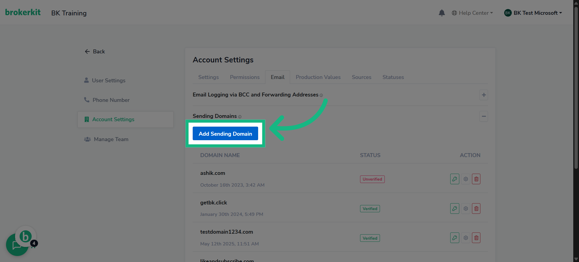 Click 'Add Sending Domain'