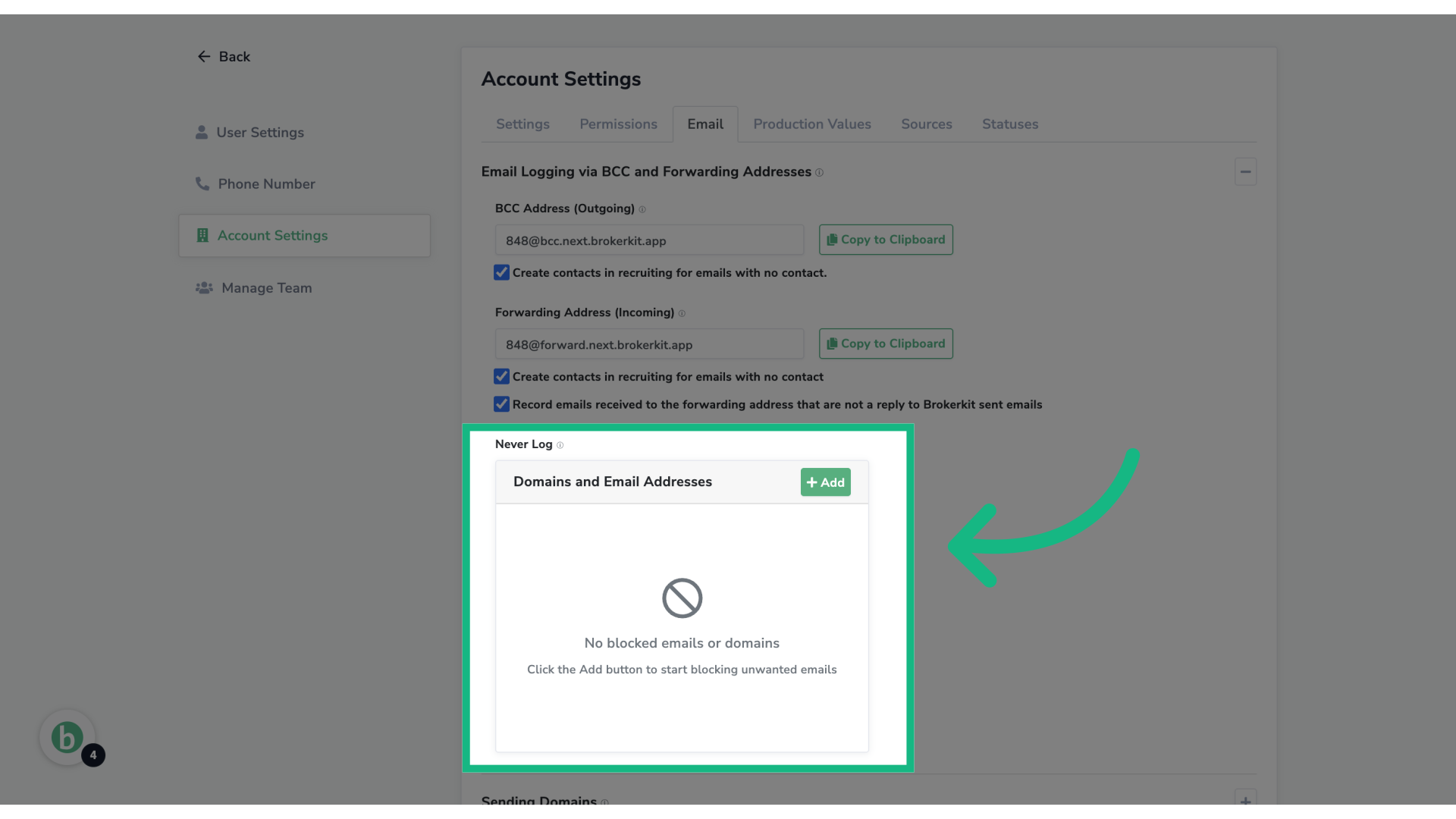 Add email addresses or domains to avoid forwarding emails to Brokerkit