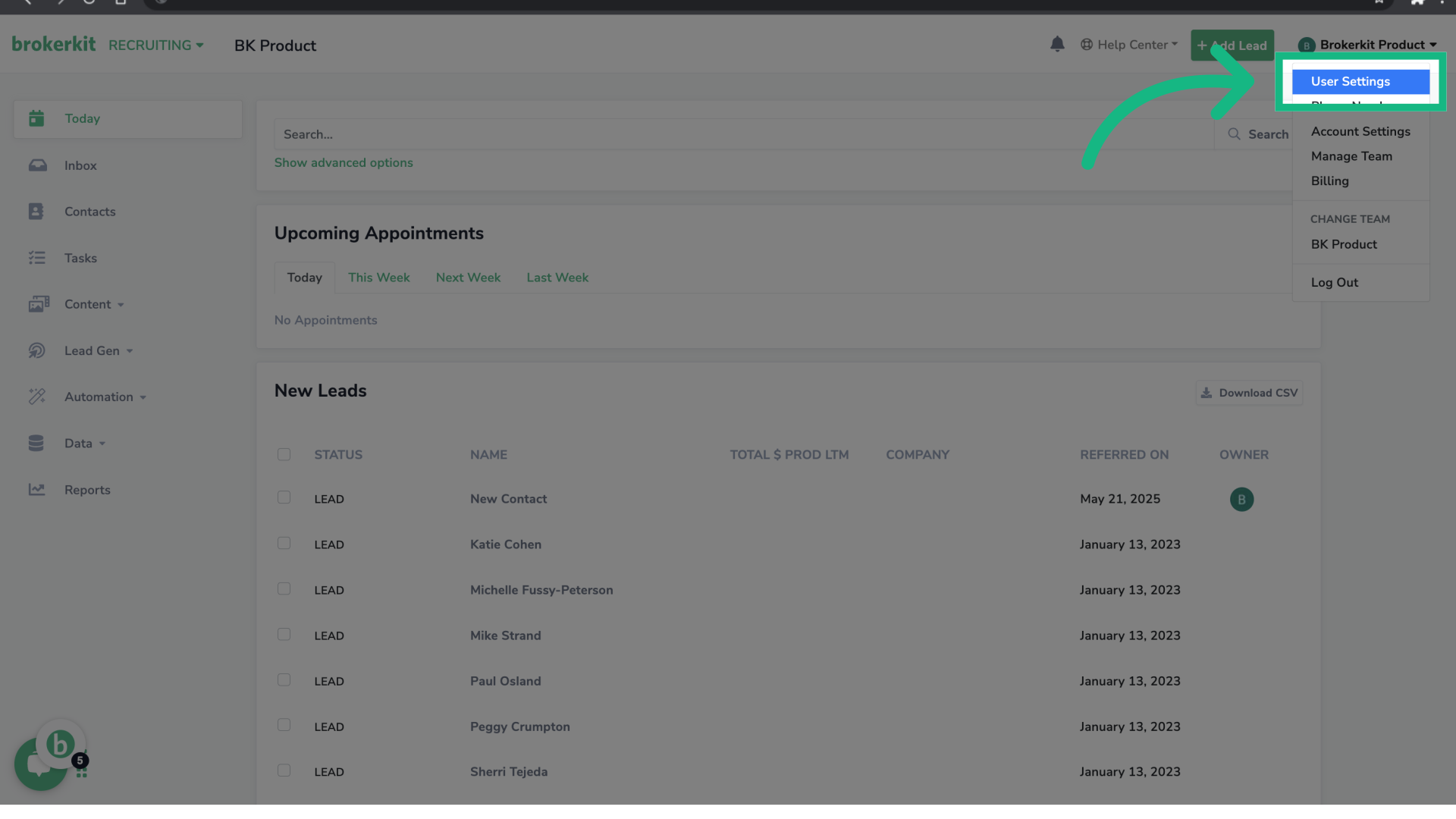 Click 'User Settings'