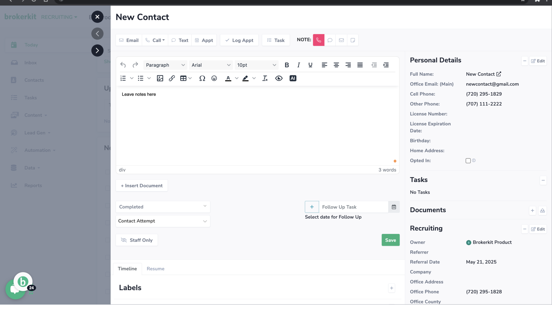 Call notes section