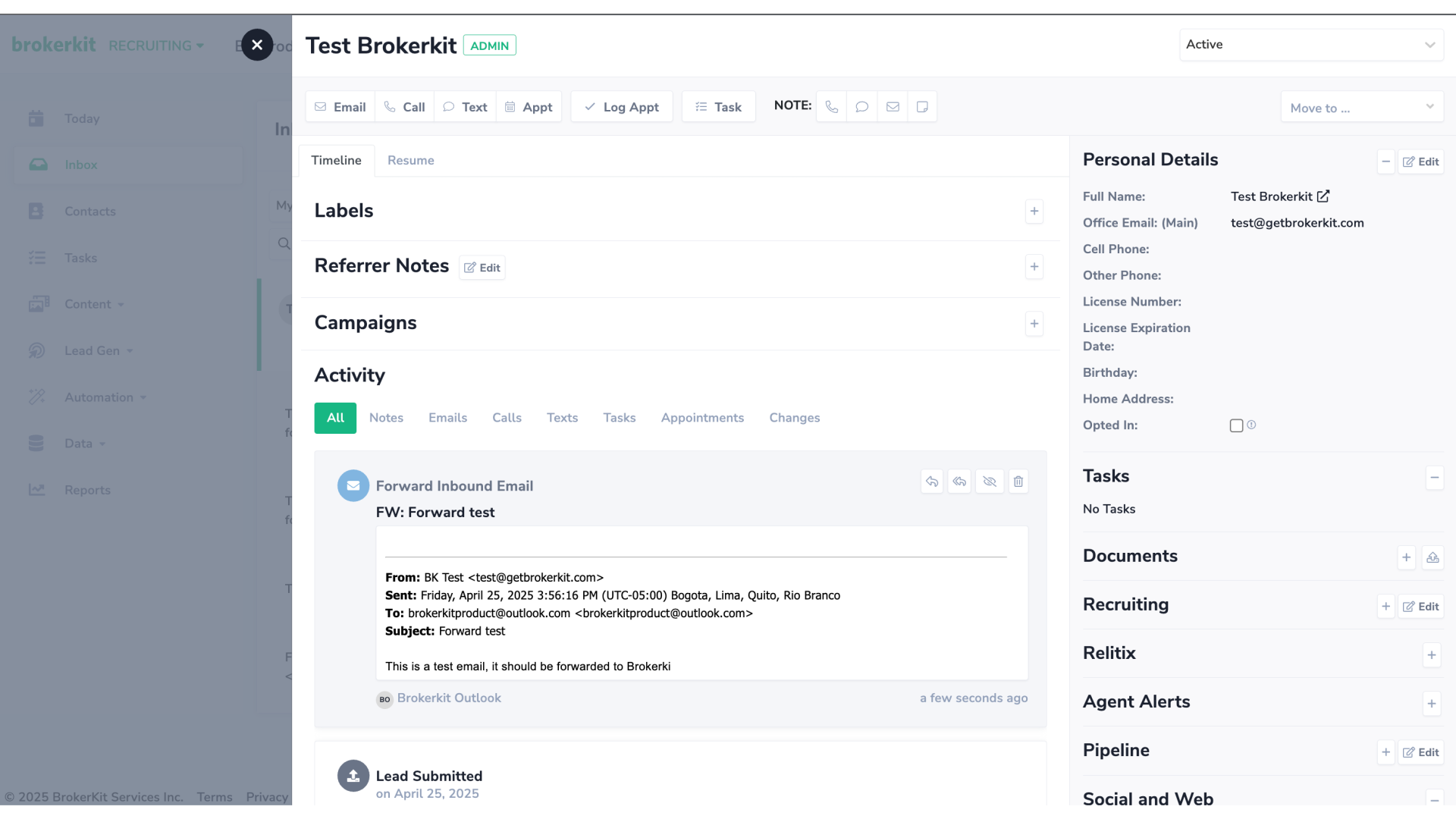 The email sent to your Outlook address has been successfully forwarded to Brokerkit — you can also find it in the contact's profile.