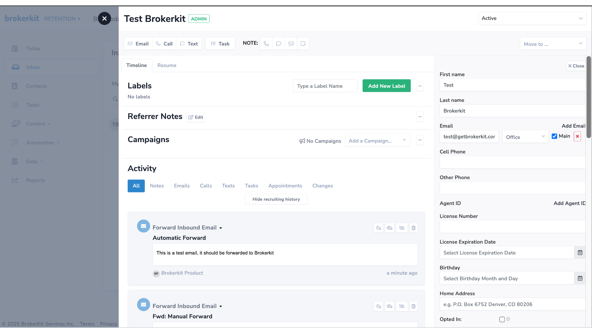 The email sent to your Outlook address has been successfully forwarded to Brokerkit — you can also find it in the contact's profile.