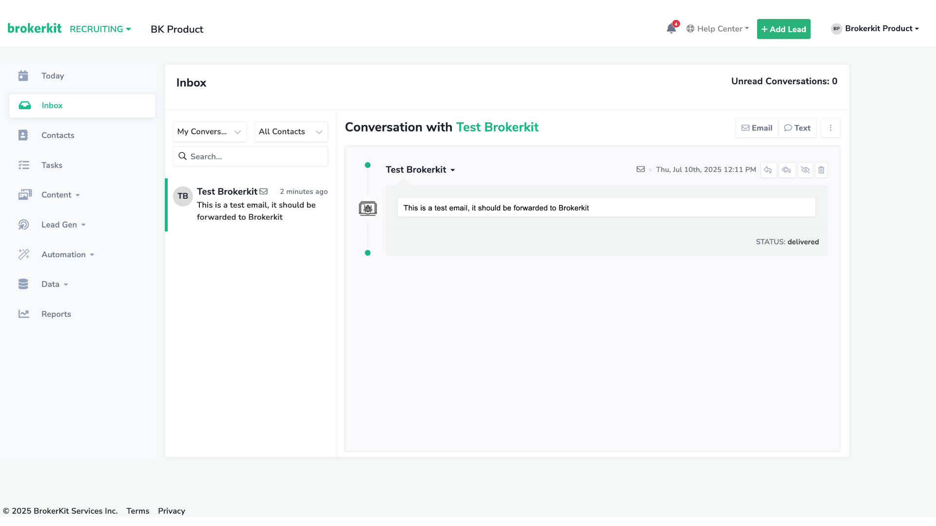 The email sent to your Outlook address has been successfully forwarded to Brokerkit — you'll find it in your Inbox.