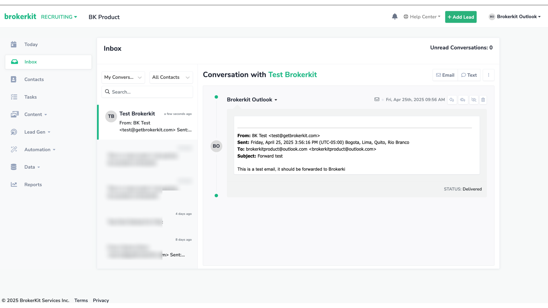 The email sent to your Outlook address has been successfully forwarded to Brokerkit — you'll find it in your Inbox.